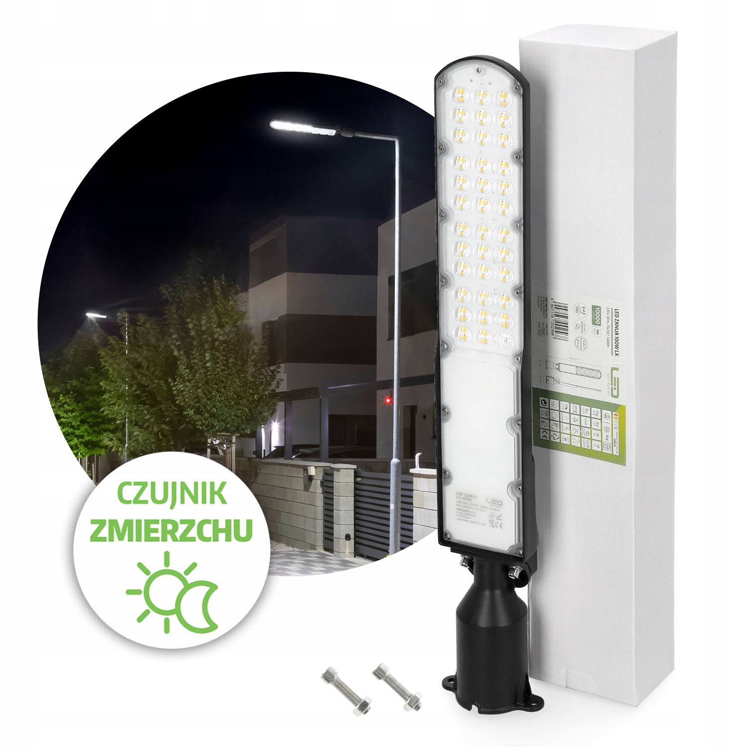 Led svítidlo 100W pouliční lampa s soumrakovým senzorem 4000K IP65 IK08