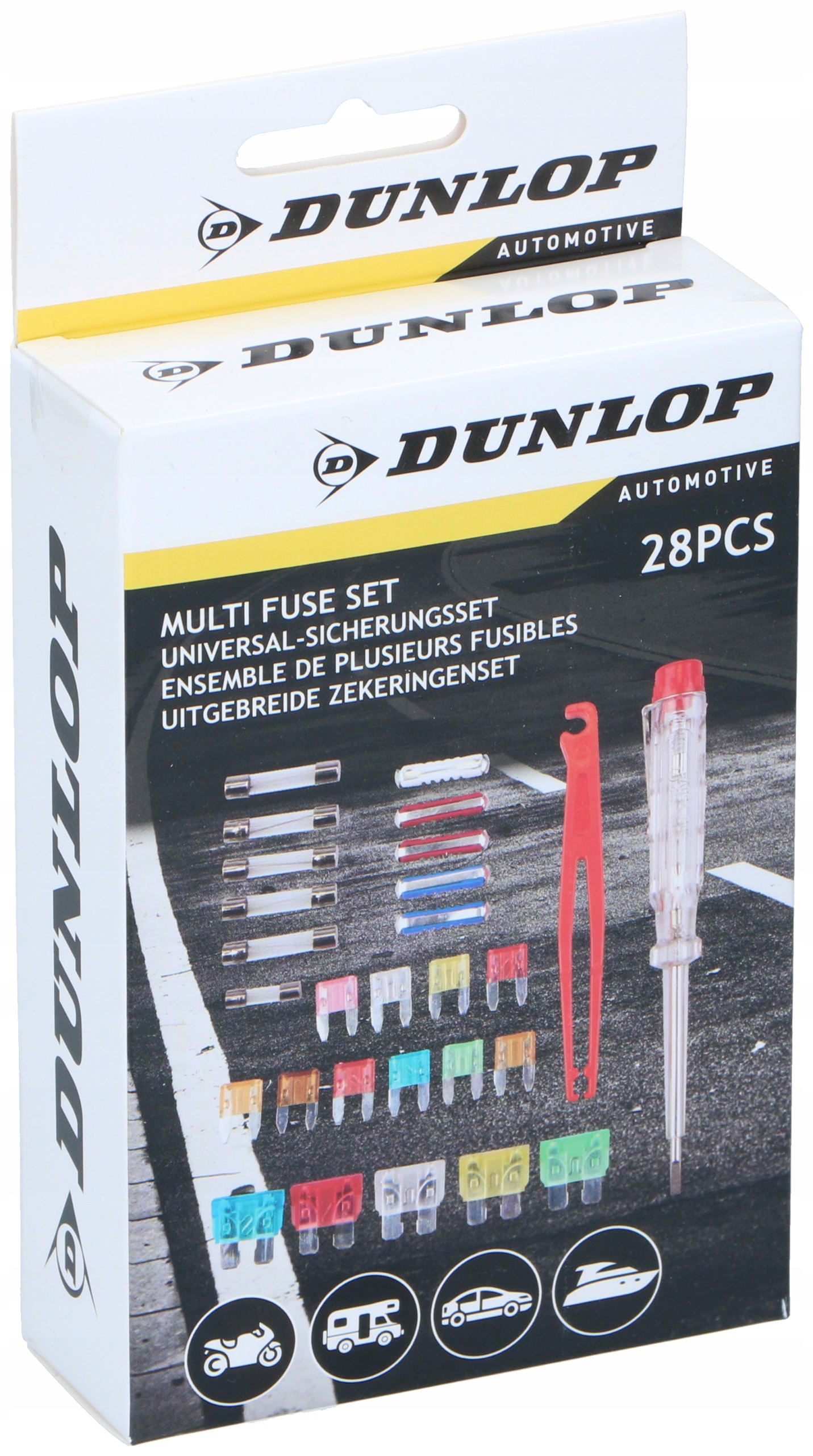 Bezpieczniki do samochodu zestaw 28 szt.+ próbnik Dunlop
