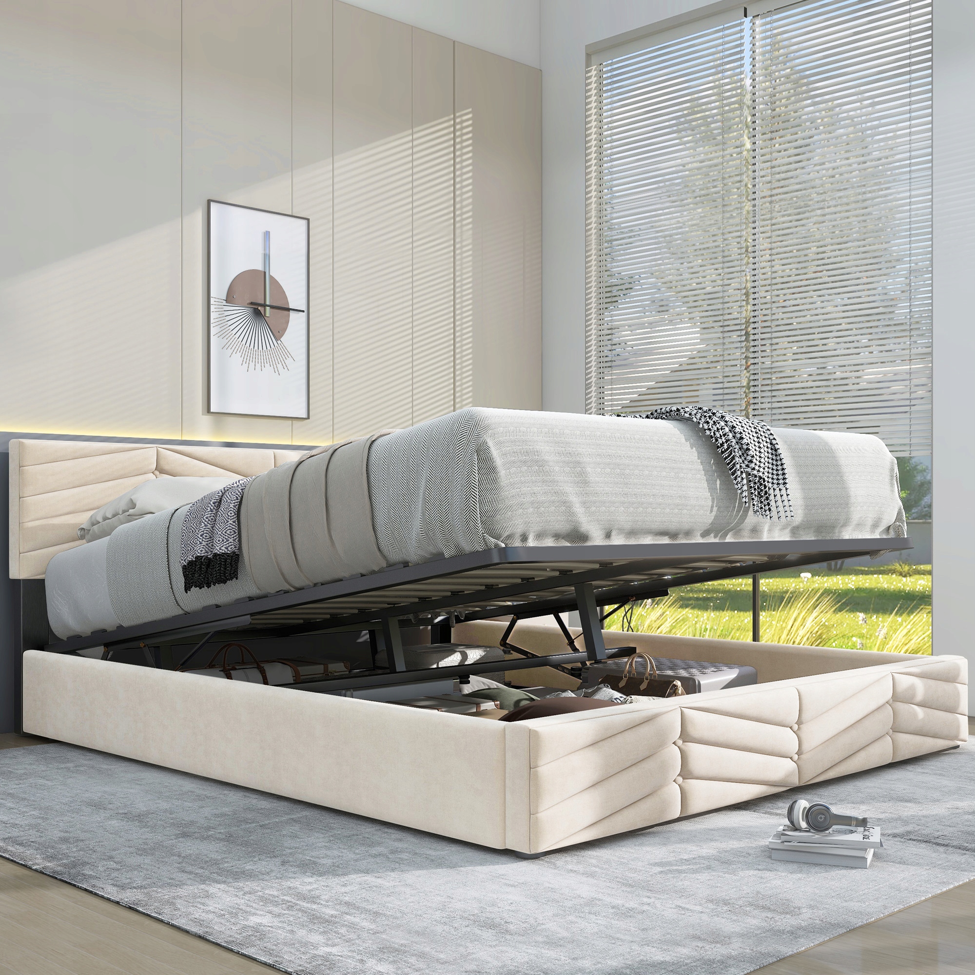 Letto Matrimoniale 140X190Cm - Xylo - Tessuto Velluto Olandese, Struttura, Colore Beige