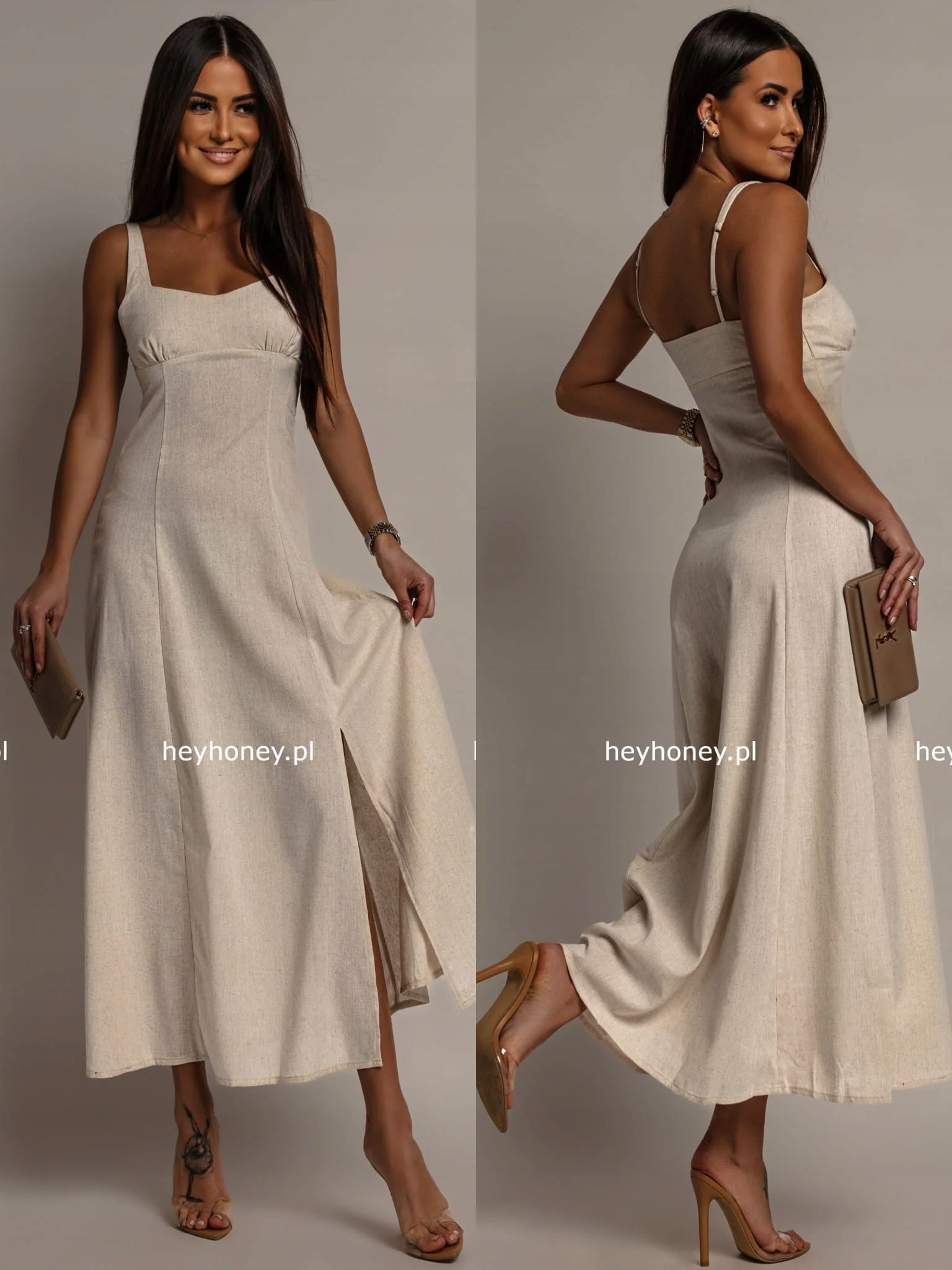 Šaty s lnem Maxi Béžová Sienna S