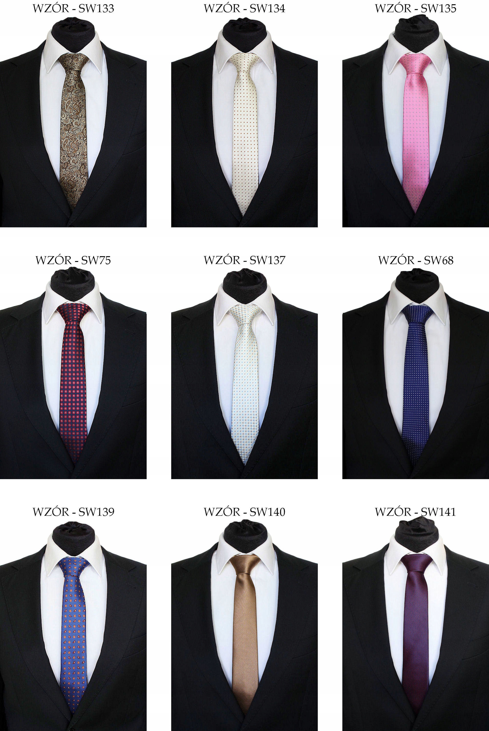 WĄSKI KRAWAT ŚLEDŹ 6cm - DUŻO WZORÓW W PASY KROPKI Długość 150 cm