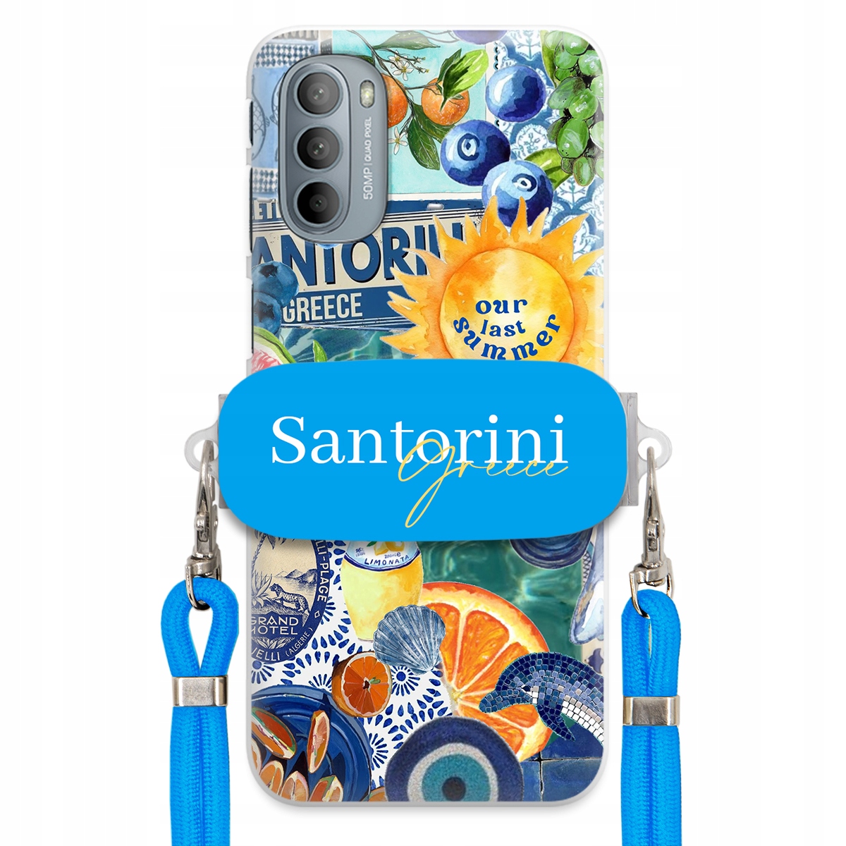 Pouzdro pro Motorola G31 4G Modré Crossbody vodítko Držák Santorini Greece