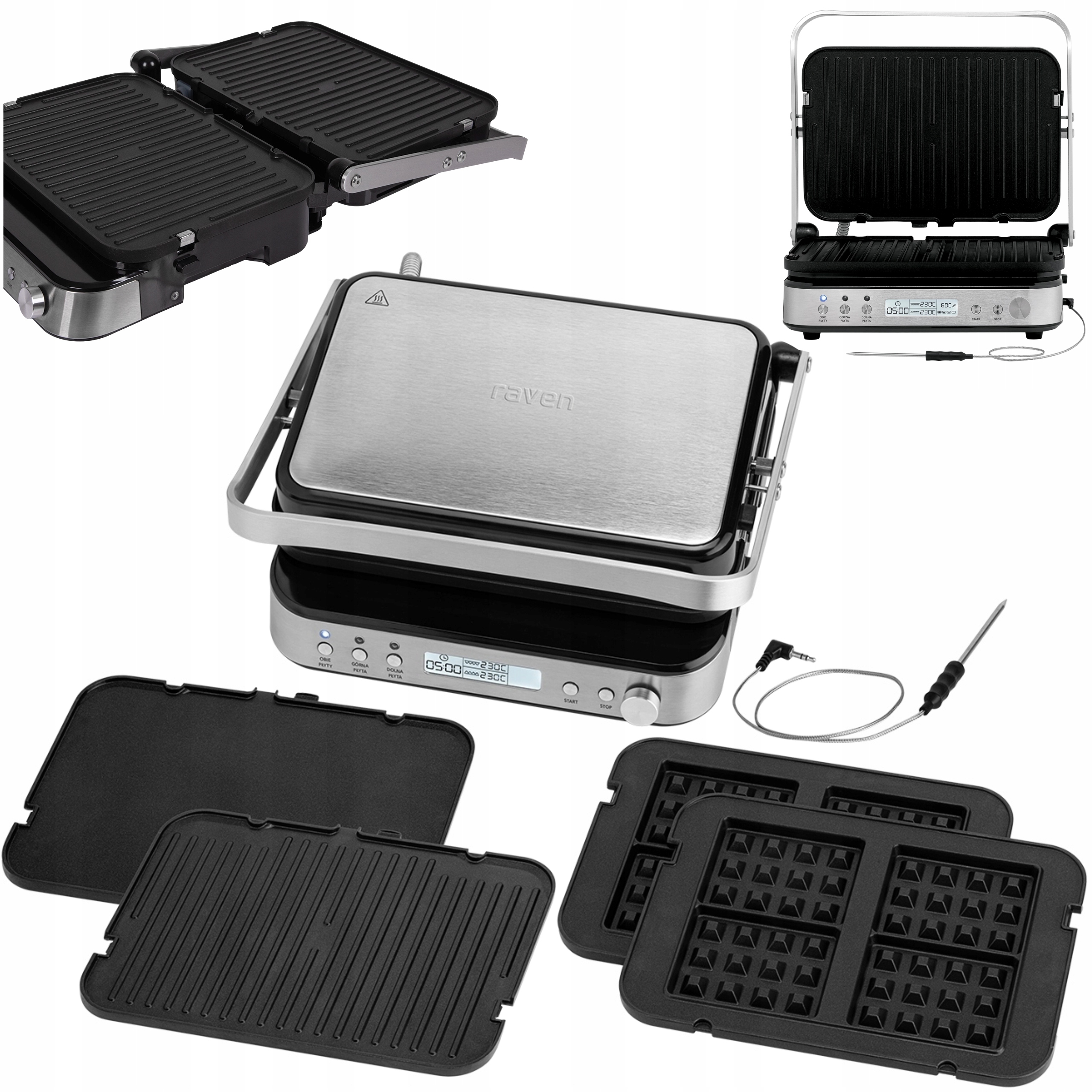 Grill elektryczny kontaktowy z termosondą Gofrownica Raven EGE005 Pro 2000W