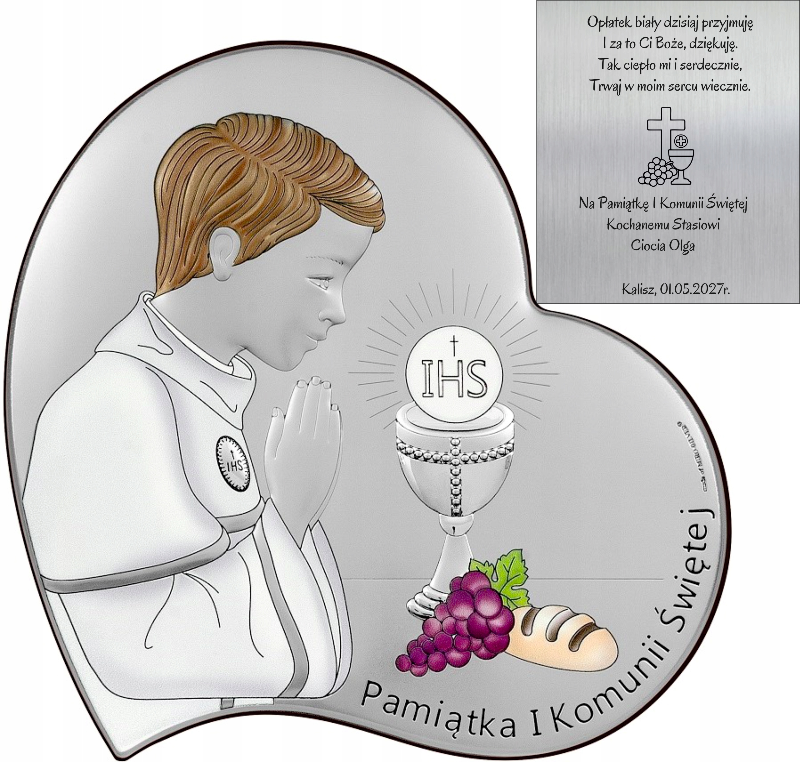 SREBRNY OBRAZEK PAMIĄTKA KOMUNII CHŁOPIEC GRAWER