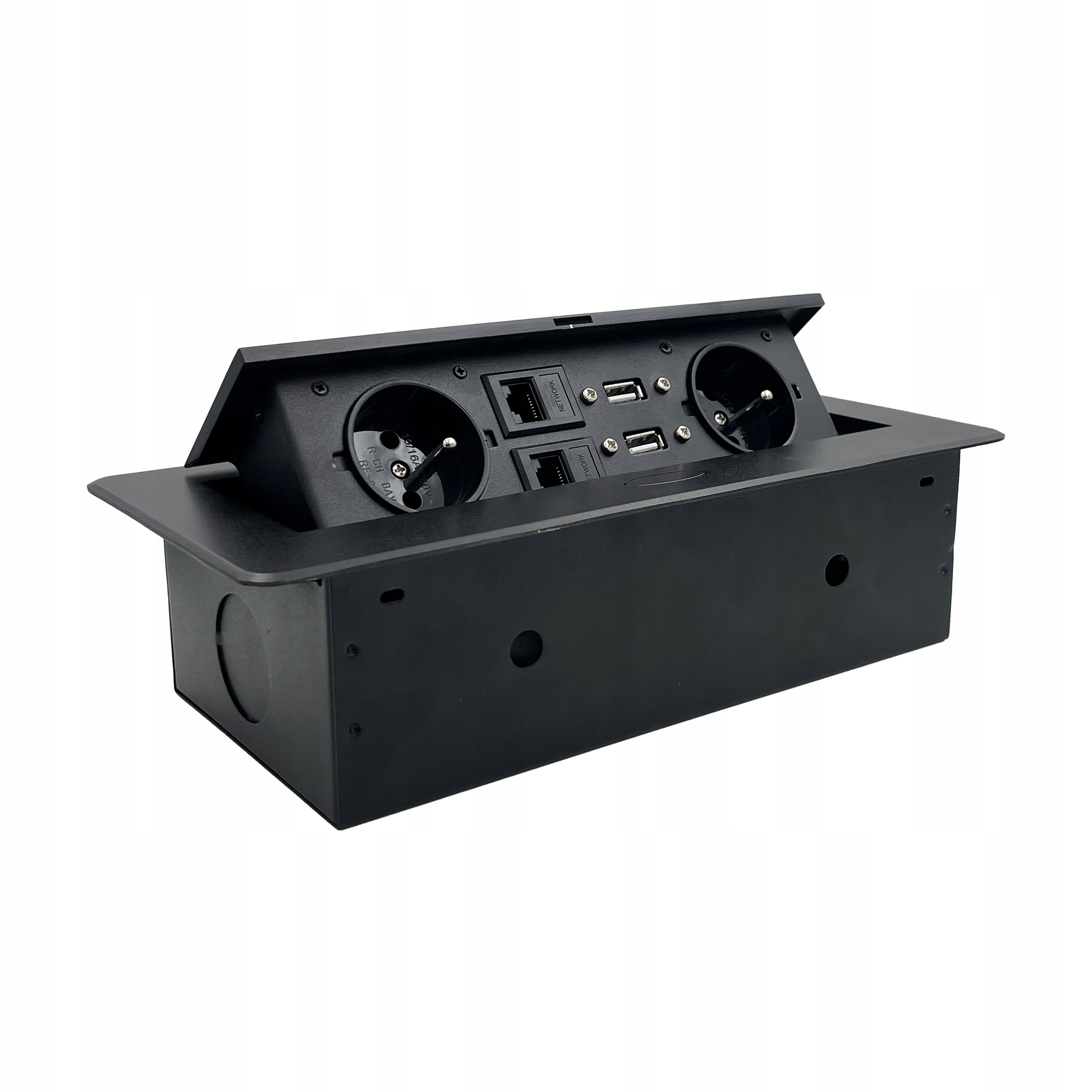 Gniazdo podwójne nablatowe chowane wpuszczane 2xFR + 2xUSB-A + 2xLAN CZARNE