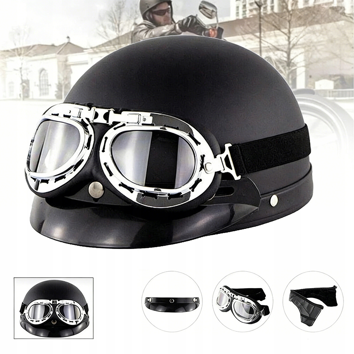 Uniwersalna Kask Motocyklowy Hełm Retro Z Goglami Zestaw Czarny