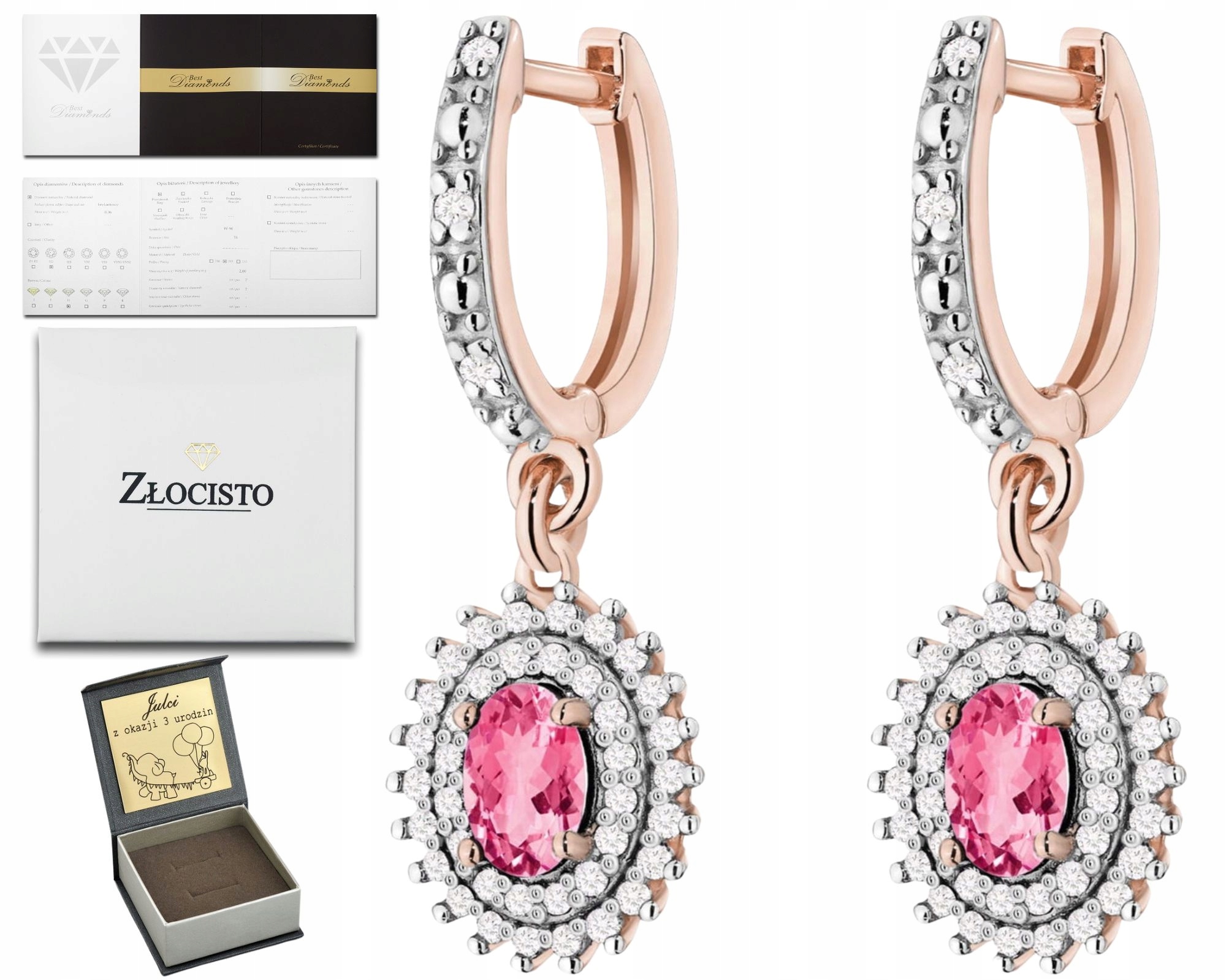 Růžové Zlato Náušnice Přírodní Kámen Růže Topaz Diamanty Zlato 585 14K
