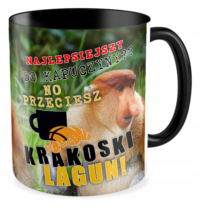 

Kubek czarny prezent Nosacz Lagun rogal croissant