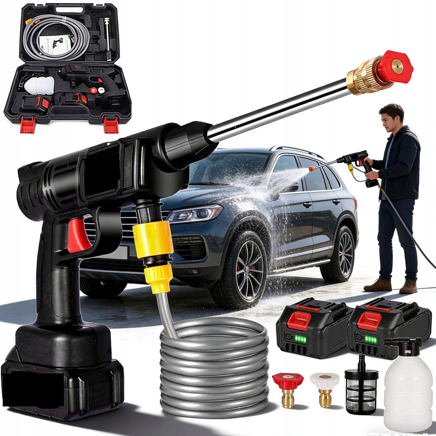 Myjka Ciśnieniowa Akumulatorowa Ręczna Zestaw Mocna Mycie Samochodu 2 Aku