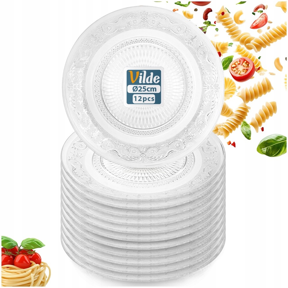 12 x Skleněný talíř Zdobený na oběd, mělký, na oběd, občerstvení 25 cm