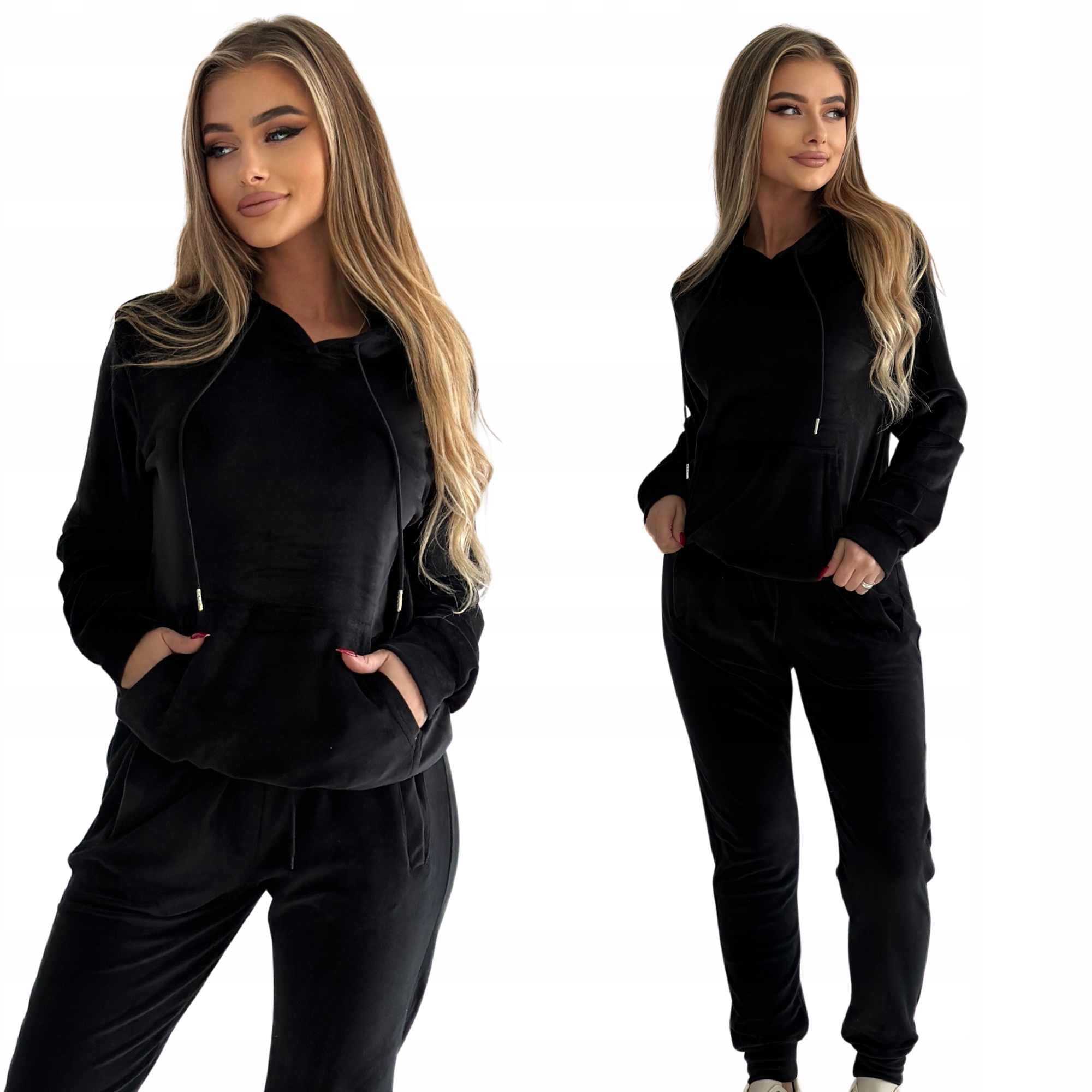 Welurowy Komplet Damski Czarny Z Kapturem Miły W Dotyku XL