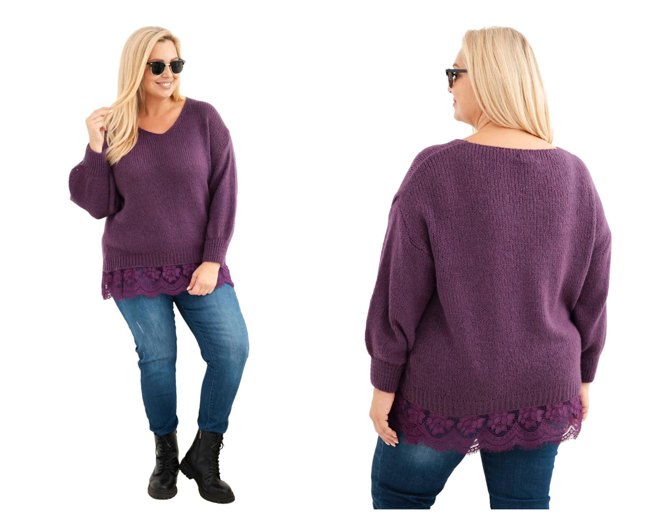 Dámský svetr plus size s krajkovým spodním dílem a výstřihem do V, tmavě fialový