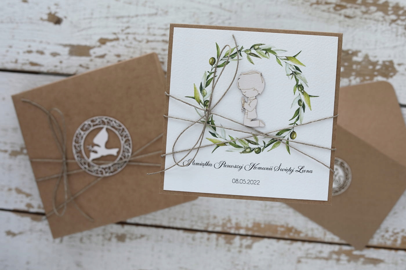 Ručně vyráběná společenská kartička pro chlapce zelené olivy