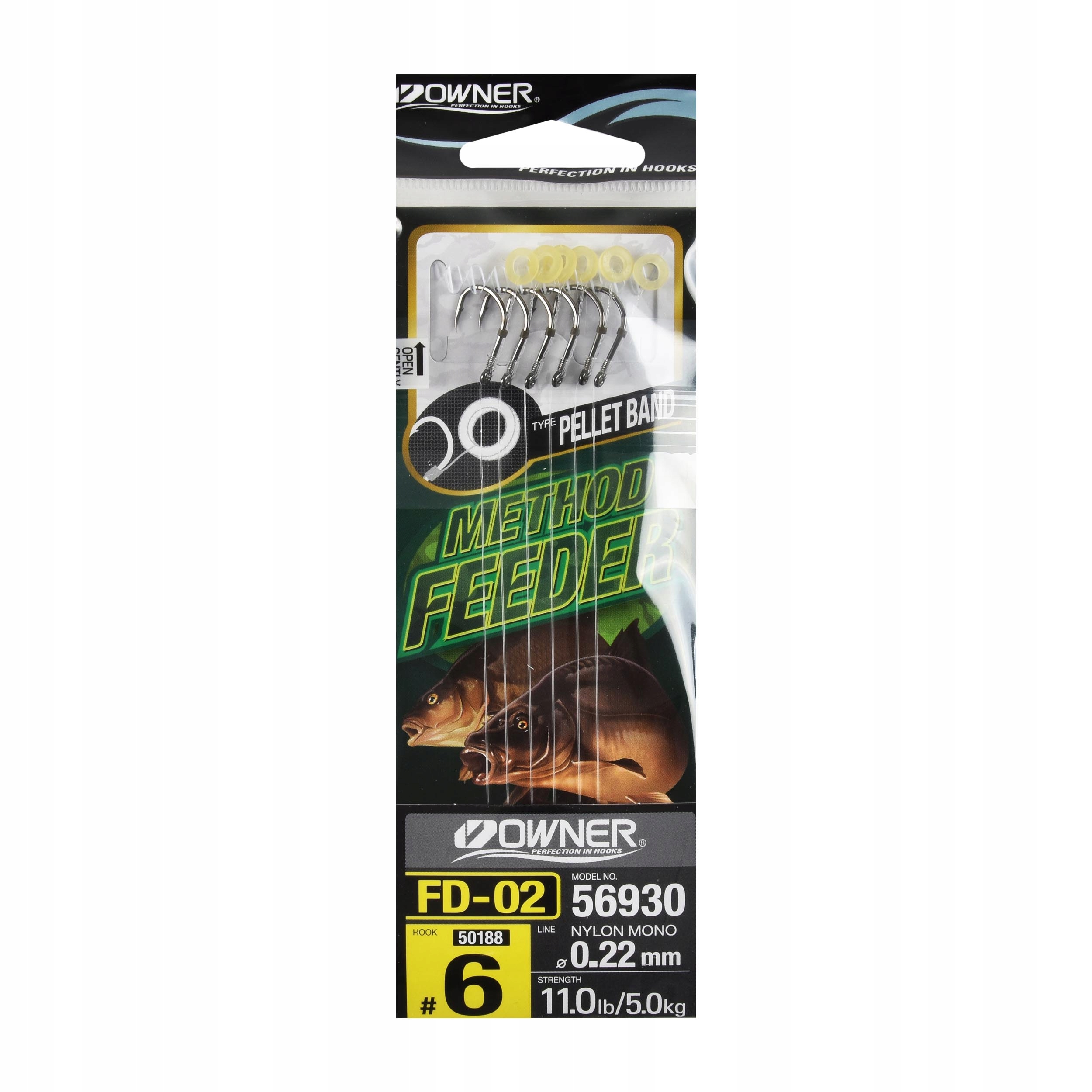 Haczyki feederowe Owner FD02 #6 z przyponami Pellet Band 10cm 5,0kg 6szt.