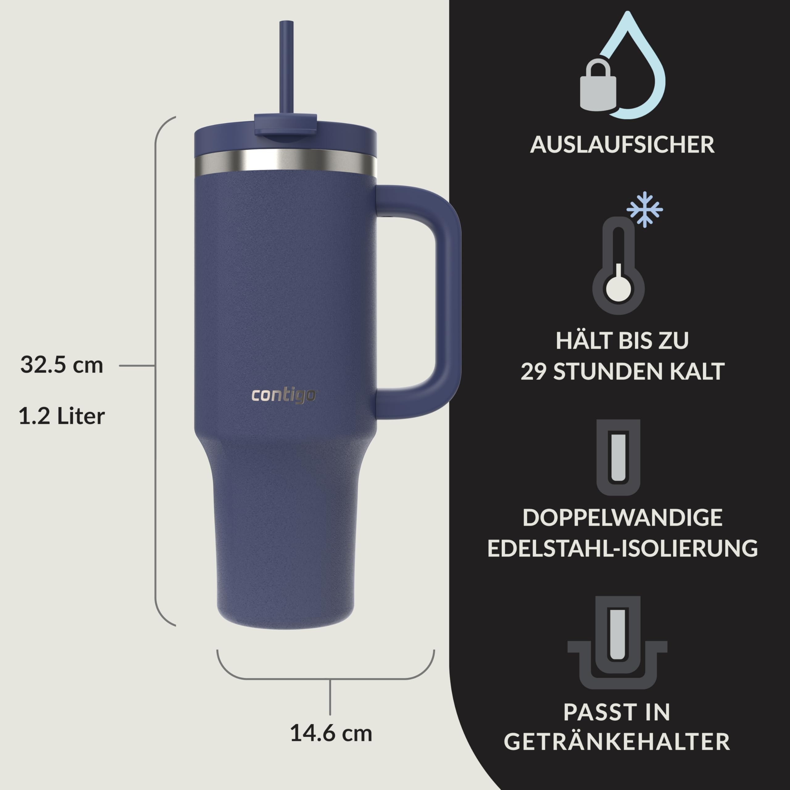 CONTIGO Butelka Termiczna Ze Stali Nierdzewnej 1200 ml Z Uchem I Słomką — miniatura 2