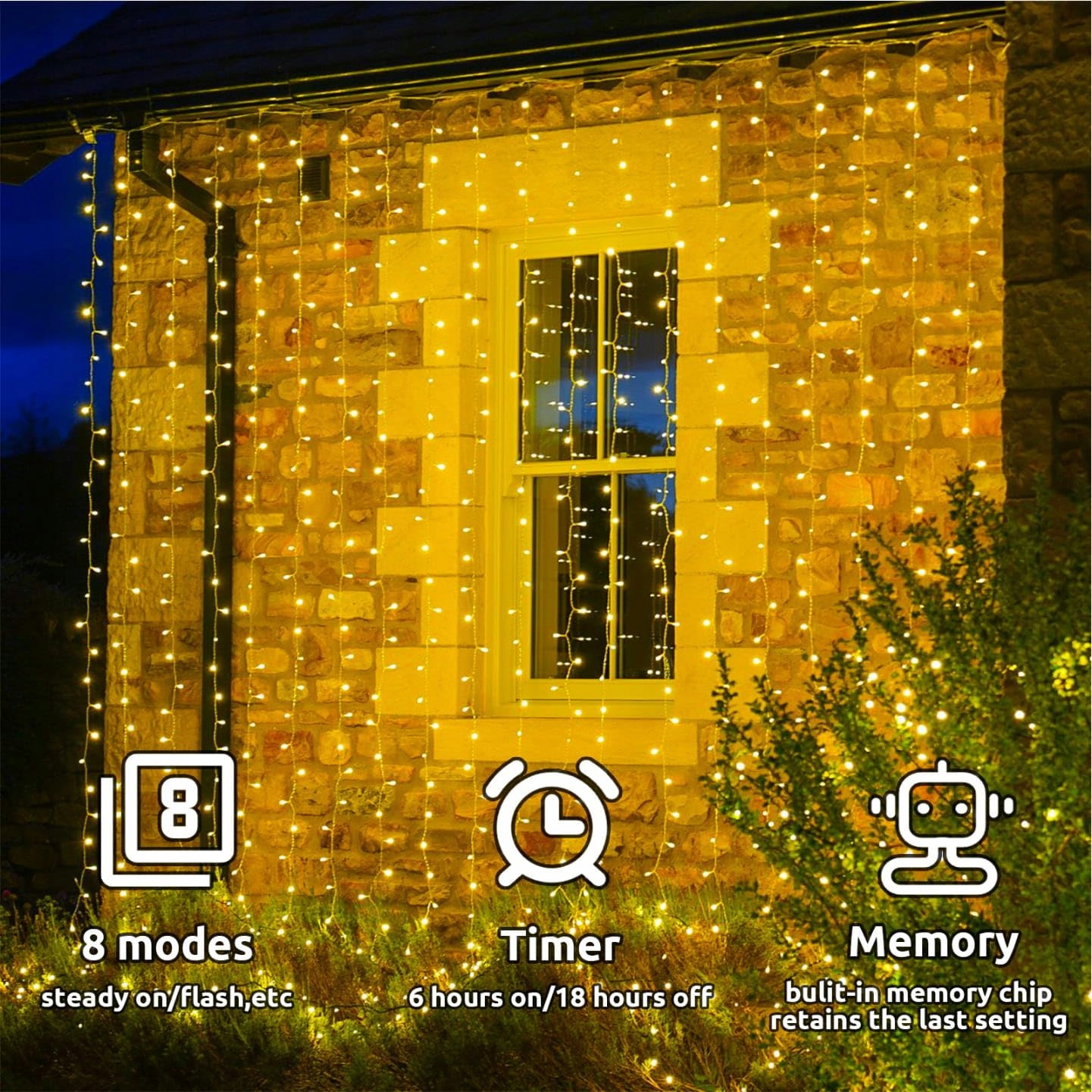 COZYMEOW Kurtyna Świetlna 3x3m 300 LED Wodoodporna Balkon Ogród Wesele — miniatura 7