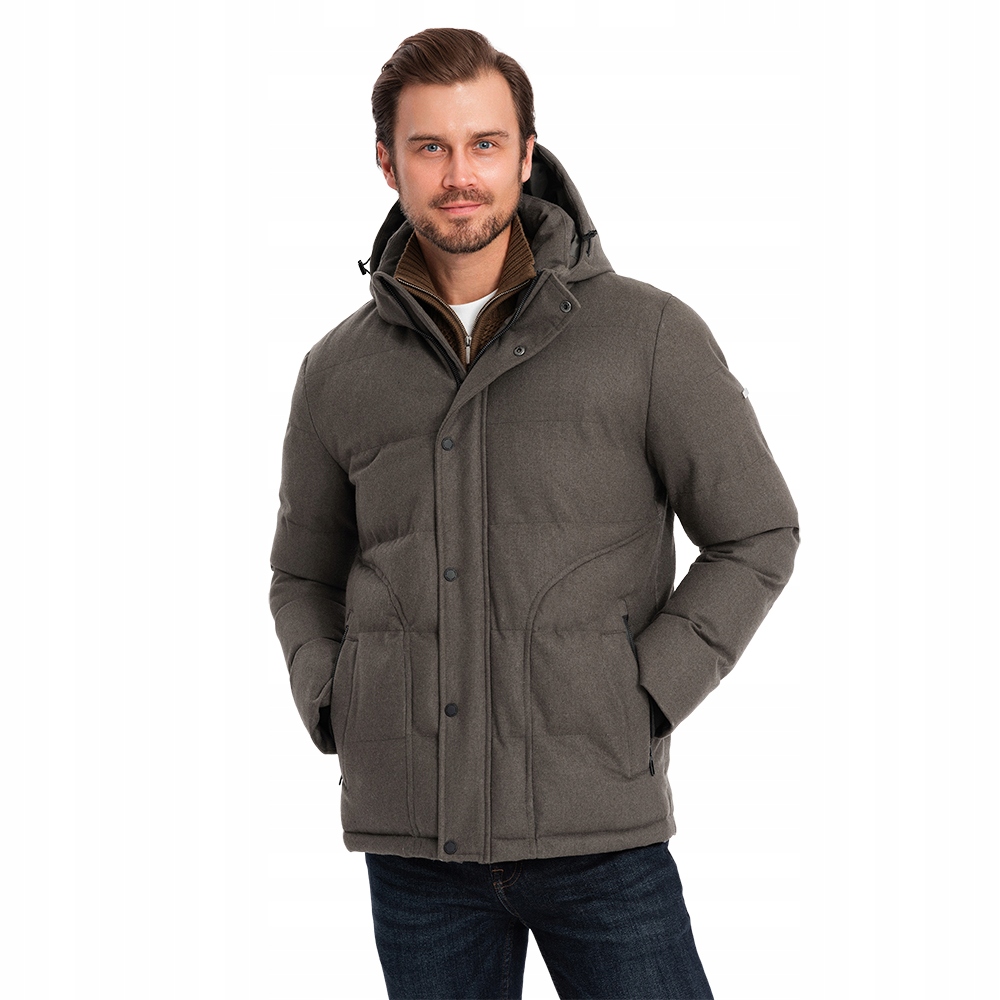 Pánská olivová zateplená bunda s odepínací kapuce na zimu Ombre OM-JAHP-0203 V4 L