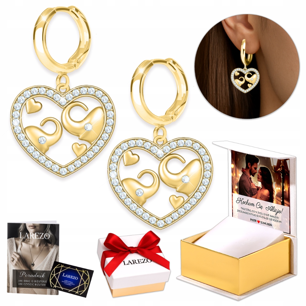 Zlaté Náušnice 925 se srdíčky a slonem Dámské Srdíčka s kubickými zirkony