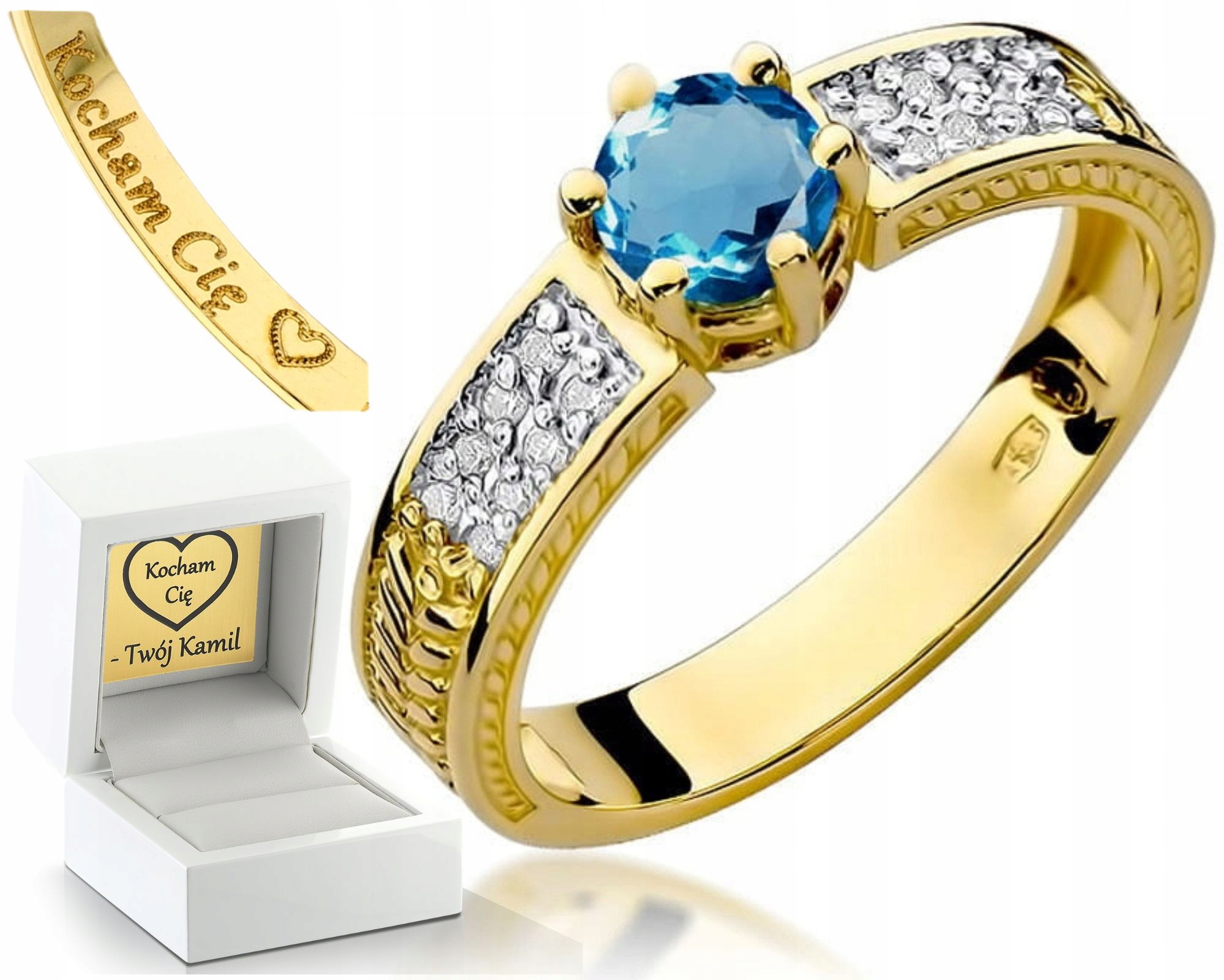 Zlatý Prstýnek S Topazem London Blue Gravírování 585 Dárek