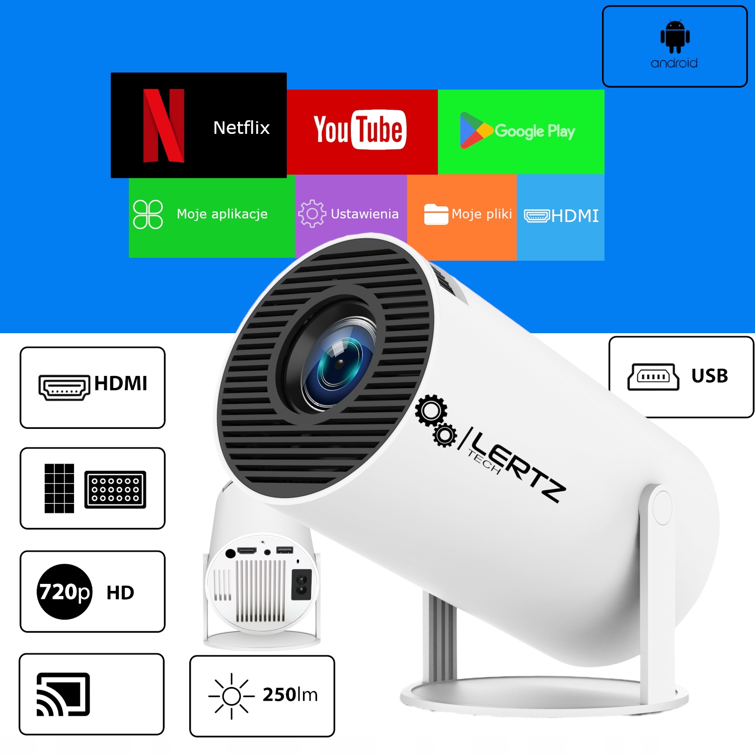 RZUTNIK PROJEKTOR ANDROID TV WIFI FULL HD PRZENOŚNY SMART GŁOŚNIK OSTROŚĆ + Kod producenta SMART BOX TV PRZEZENT DLA DZIECKA HD