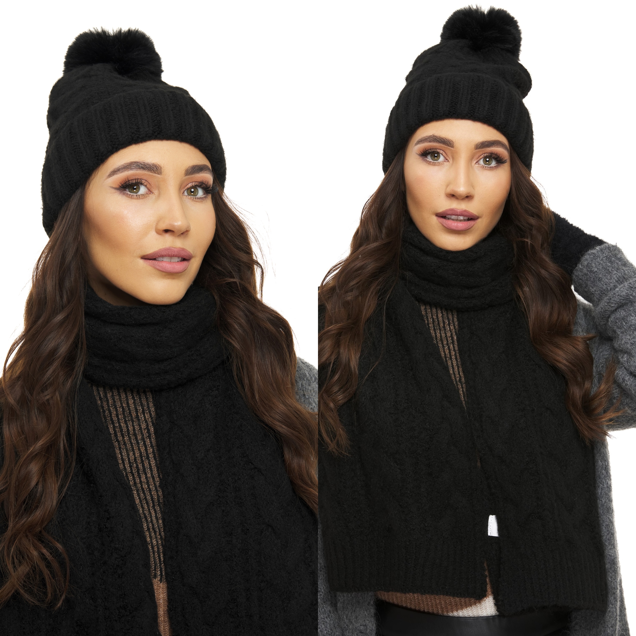 KOMPLET SZAL CZAPKA duży pompon dzianina czarny