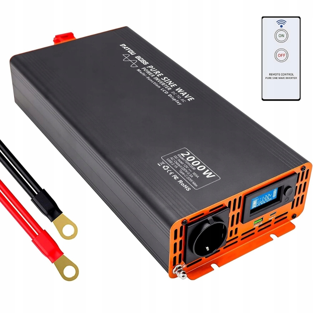 DATOUBOSS Przetwornica 12V 230V 2000W z Pilotem i Wyświetlaczem LCD