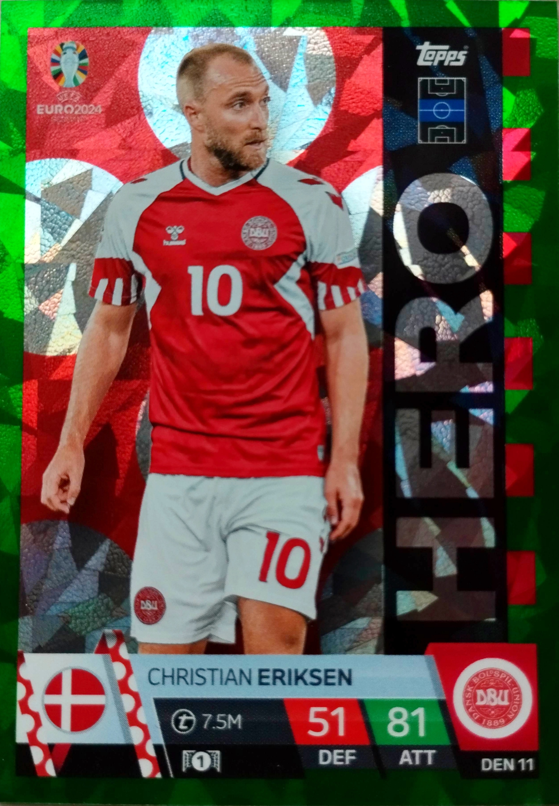 EURO 2024 TOPPS MATCH ATTAX EMERALD HERO DEN 11 CHRISTIAN ERIKSEN