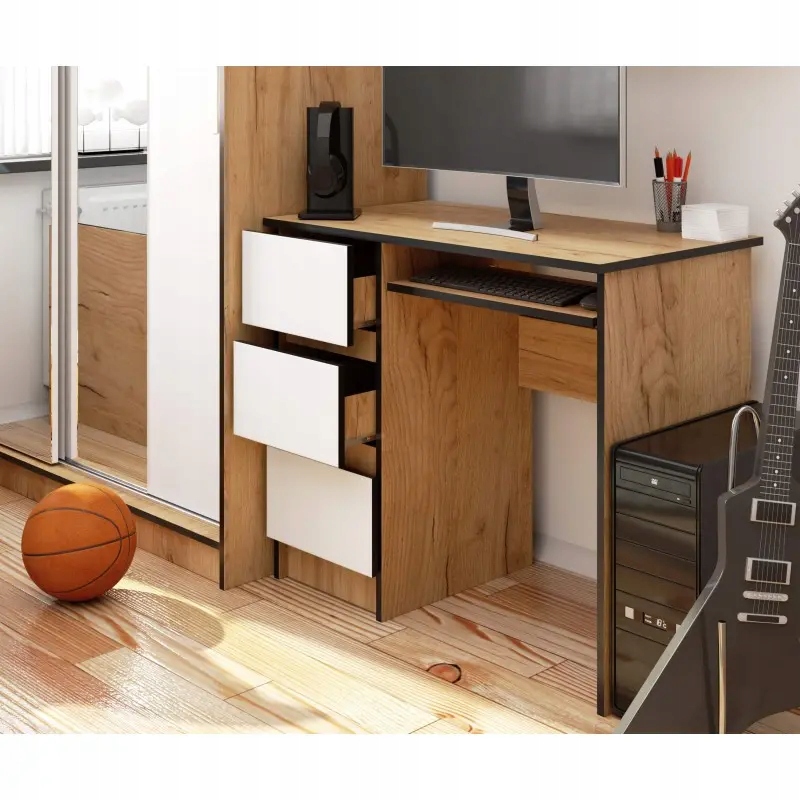 Pojemne biurko dąb białe fronty 90 cm 3 szuflady Marka Akord