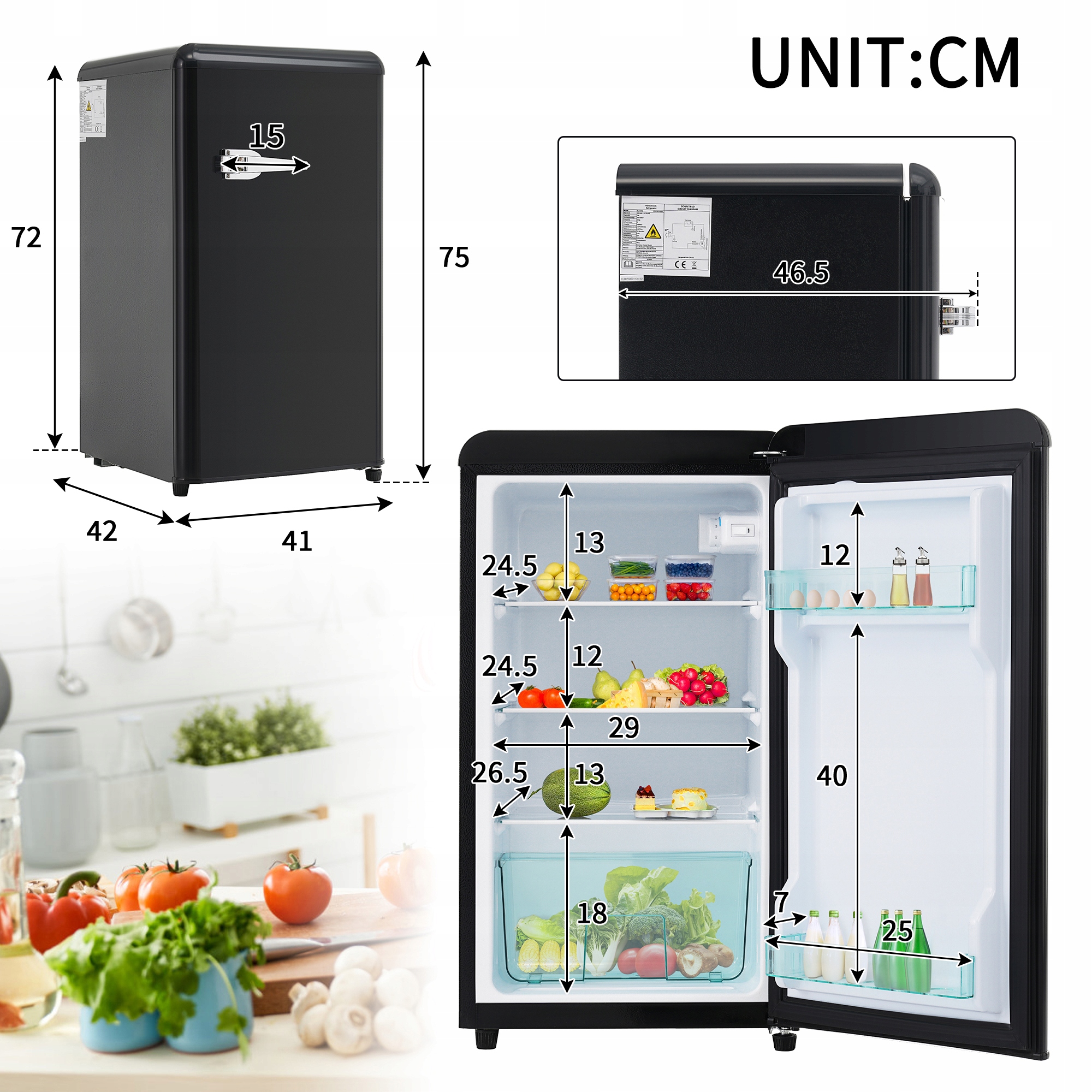 MINILODÓWKA JEDNODRZWIOWA 76L, OŚWIETLENIE LED, REGULOWANE NÓŻKI Szerokość produktu 45 cm