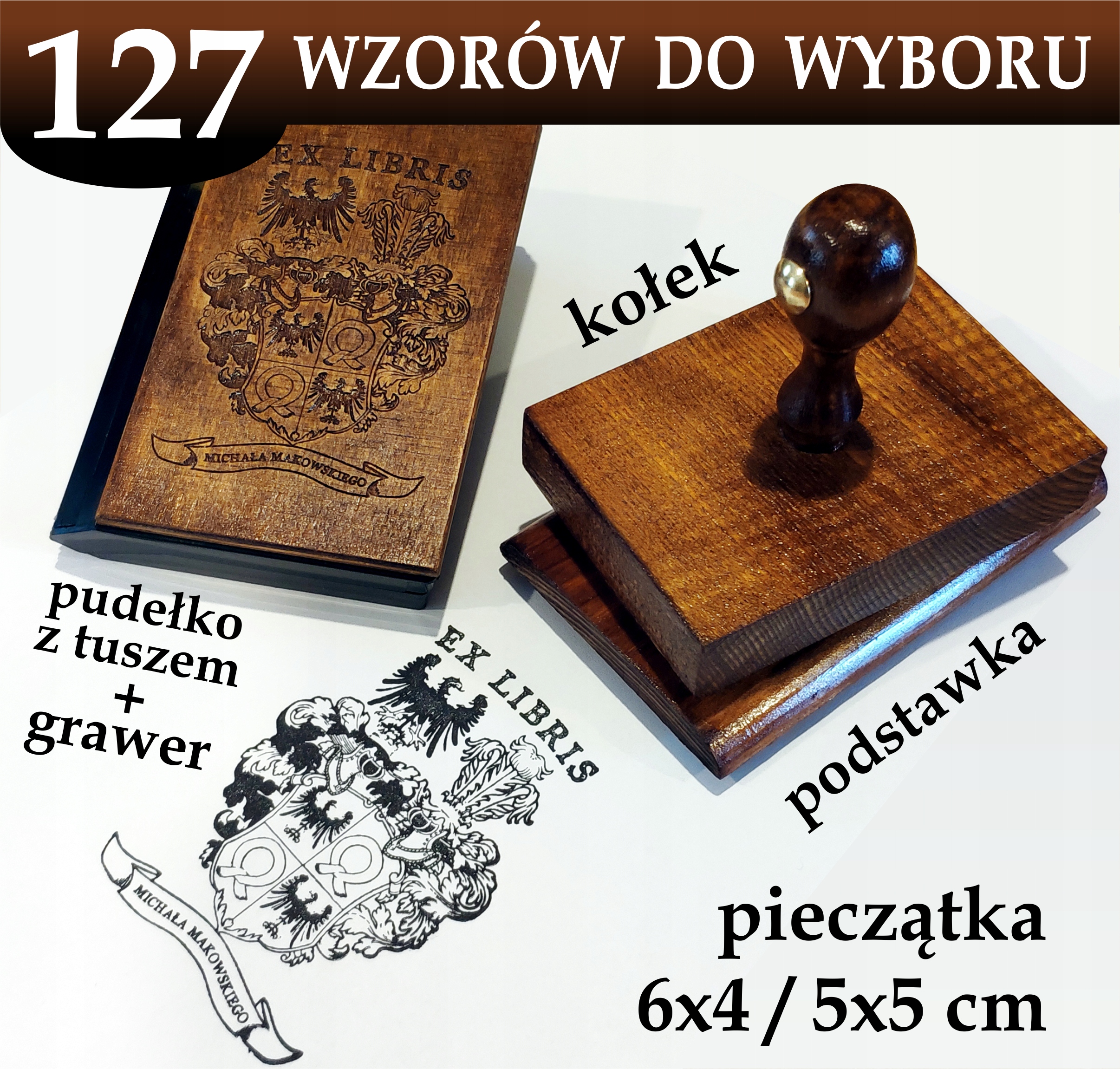 Pieczątka Ex libris 6x4 / 5x5cm - 127 Wzorów + GRAWER + lniany woreczek
