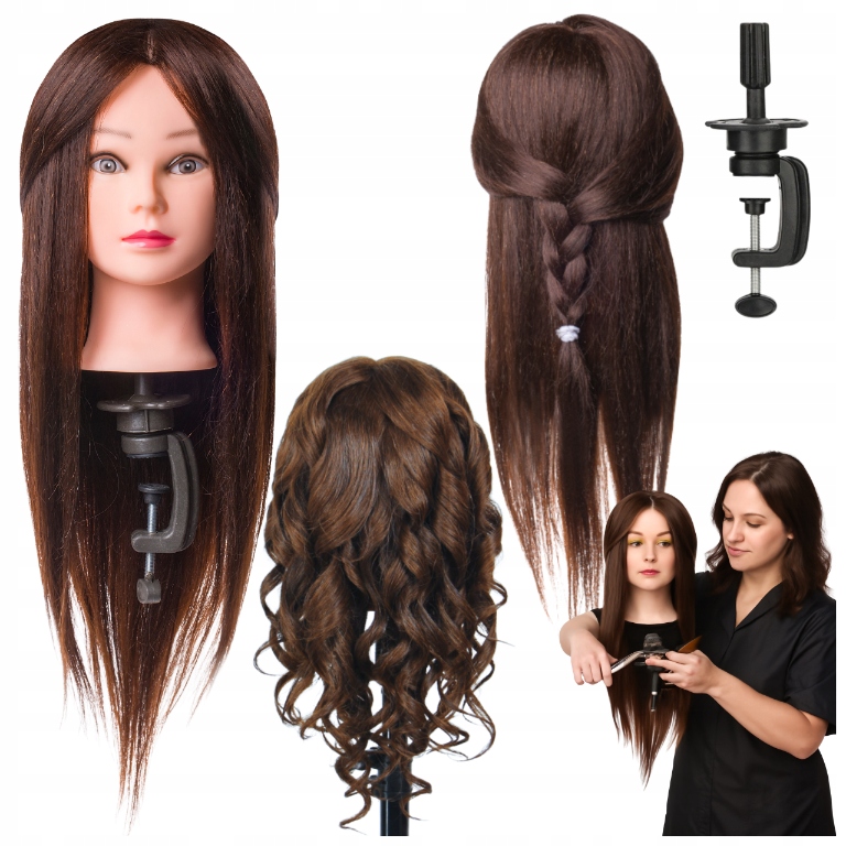Kadeřnická hlava tréninková hnědá 60 cm stativ Dlouhé husté vlasy pro upevňování