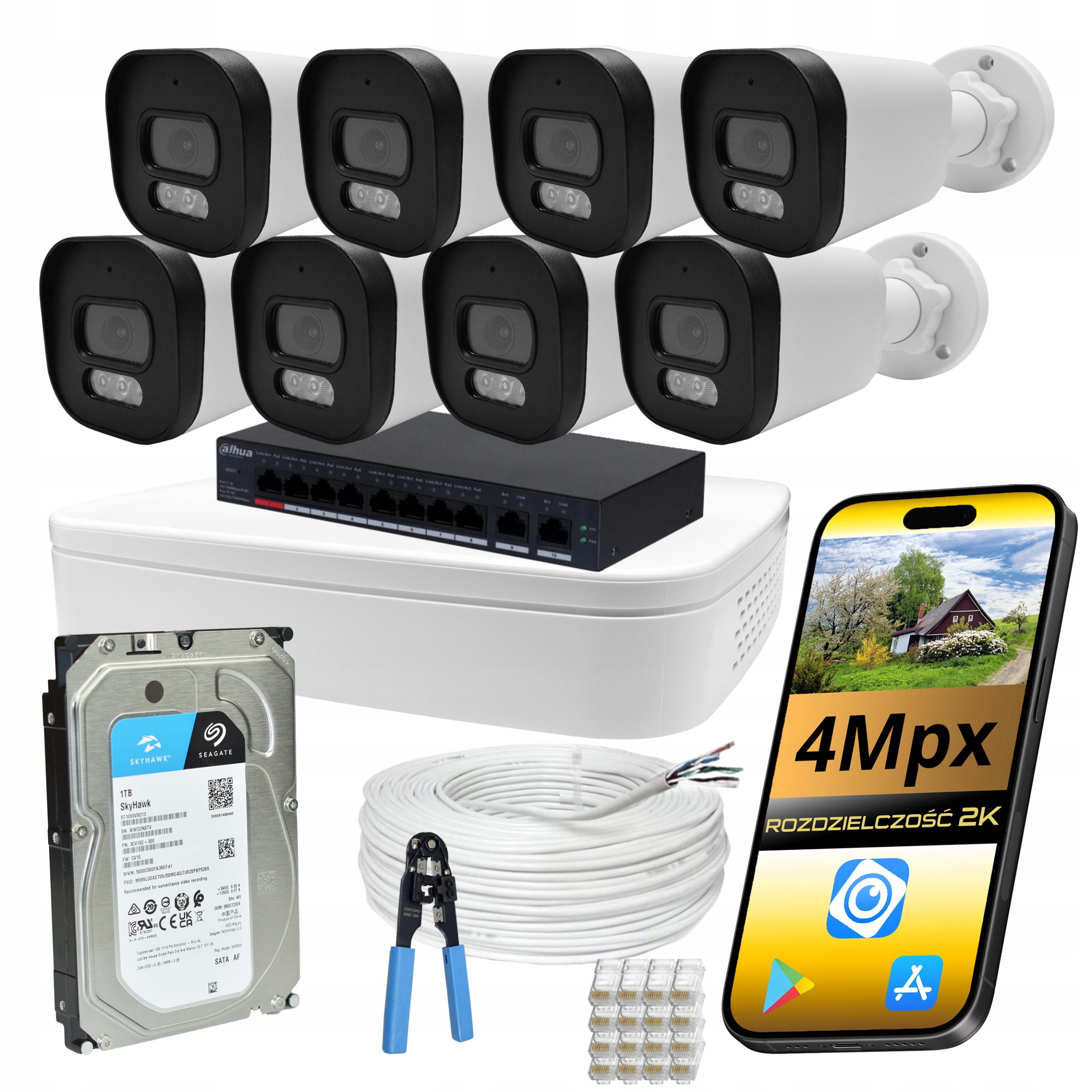 Set Monitoring Dahua 8 Kamer 4MPX Ip PoE Ir Led Dual Light Disk 1TB