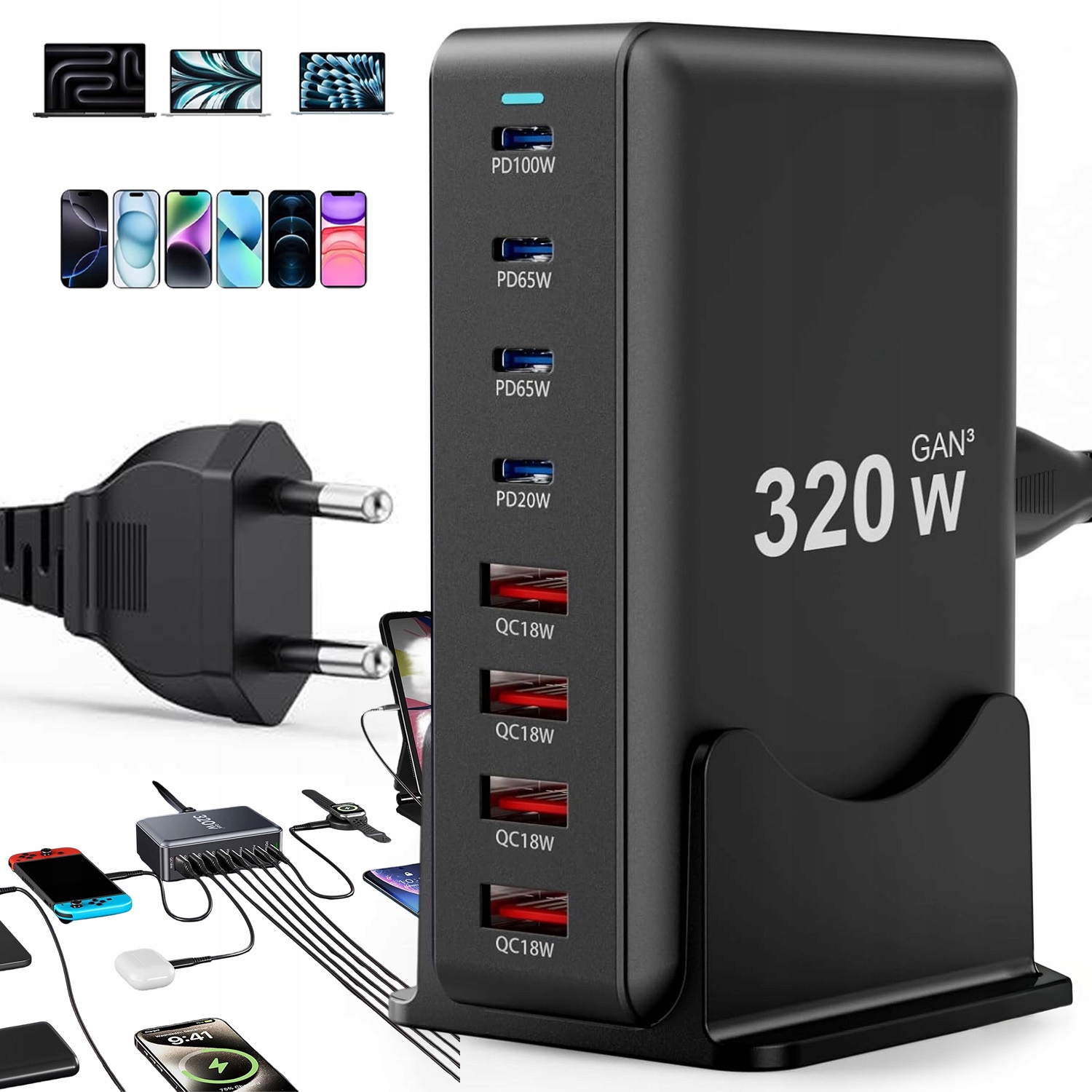 Rychlá Nabíječka 320 W, Nabíjecí Stanice Pro 8 Portů 4X Type-c Pd 4X Usb-a Qc