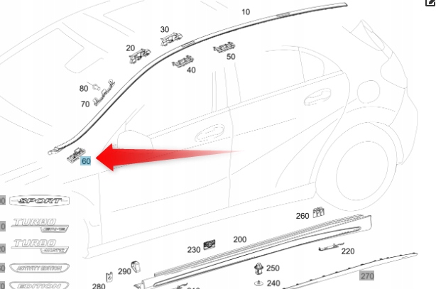 SPINKA LISTWY DACHOWEJ BŁOTNIK MERCEDES A W176 LEW Jakość części (zgodnie z GVO) O - oryginał z logo producenta pojazdu (OE)