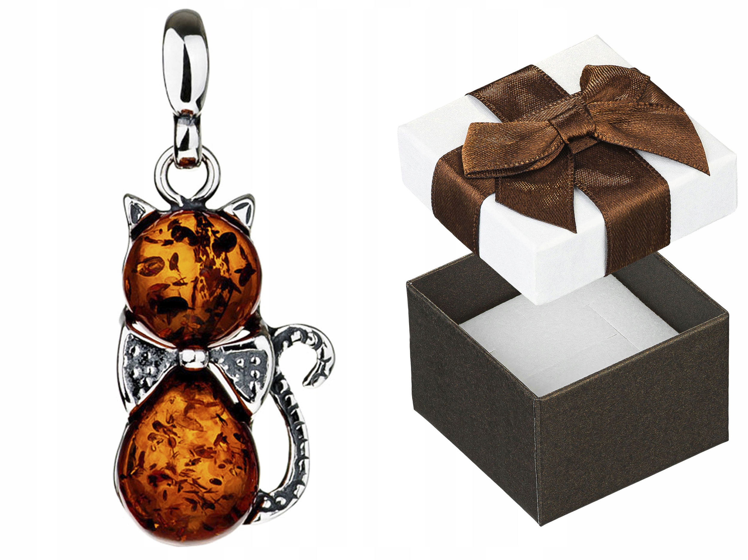 Stříbrný přívěsek Kočička s jantarem Oxidovaný Přívěsek Kočka s mašličkou 925