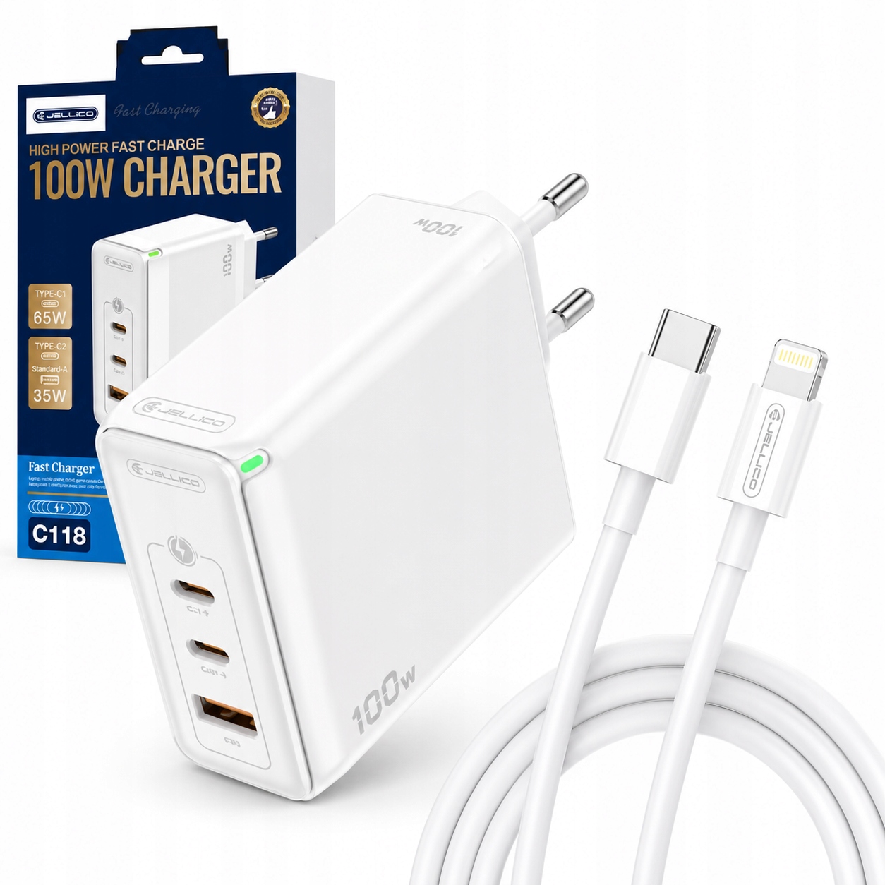 Rychlá Síťová Nabíječka 100W 2XUSB-C 1XUSB QC3.0 Usb-c pro iPhone