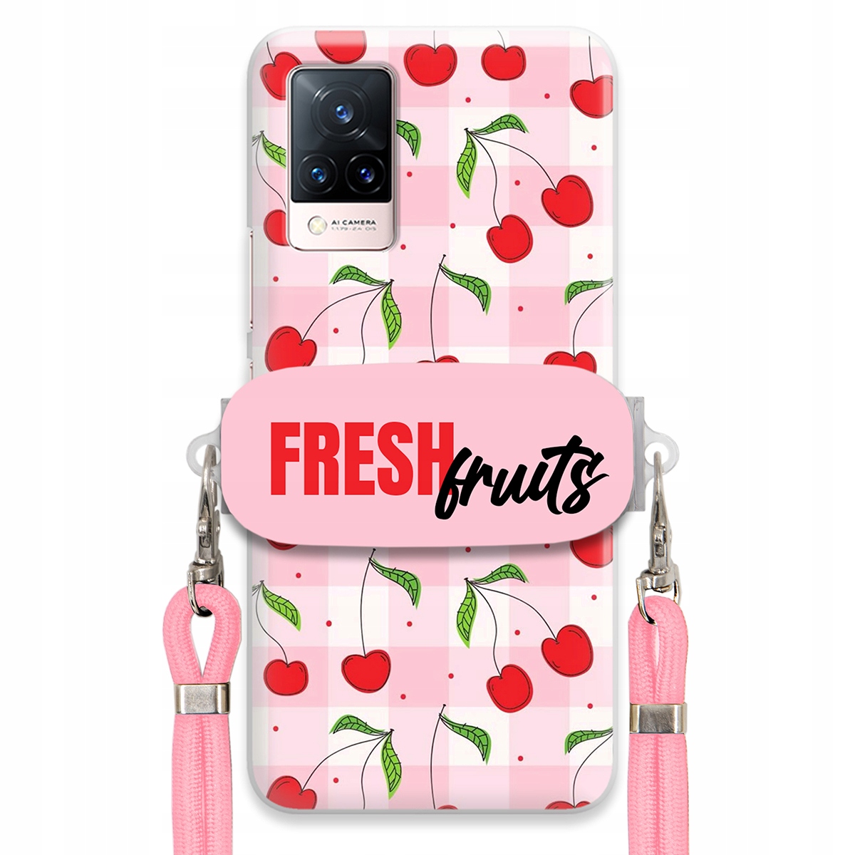 Puzdro pre Vivo S9 Case držiak na šnúrku Ružový Fresh Fruits Mriežka Ovocie