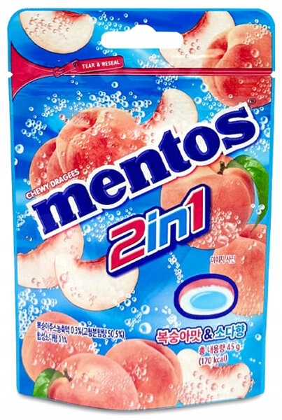 Levně 5 x Bonbóny, dražé Peach Soda 2v1 broskvové 45 g Mentos