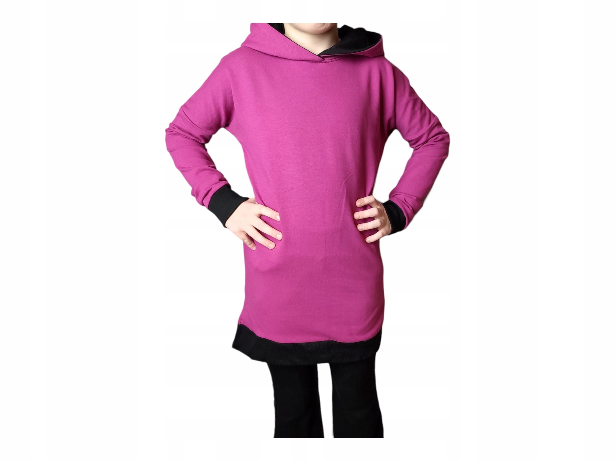 Tunika z kapturem dziewczęca kolor fuksja 152 Dekolt okrągły