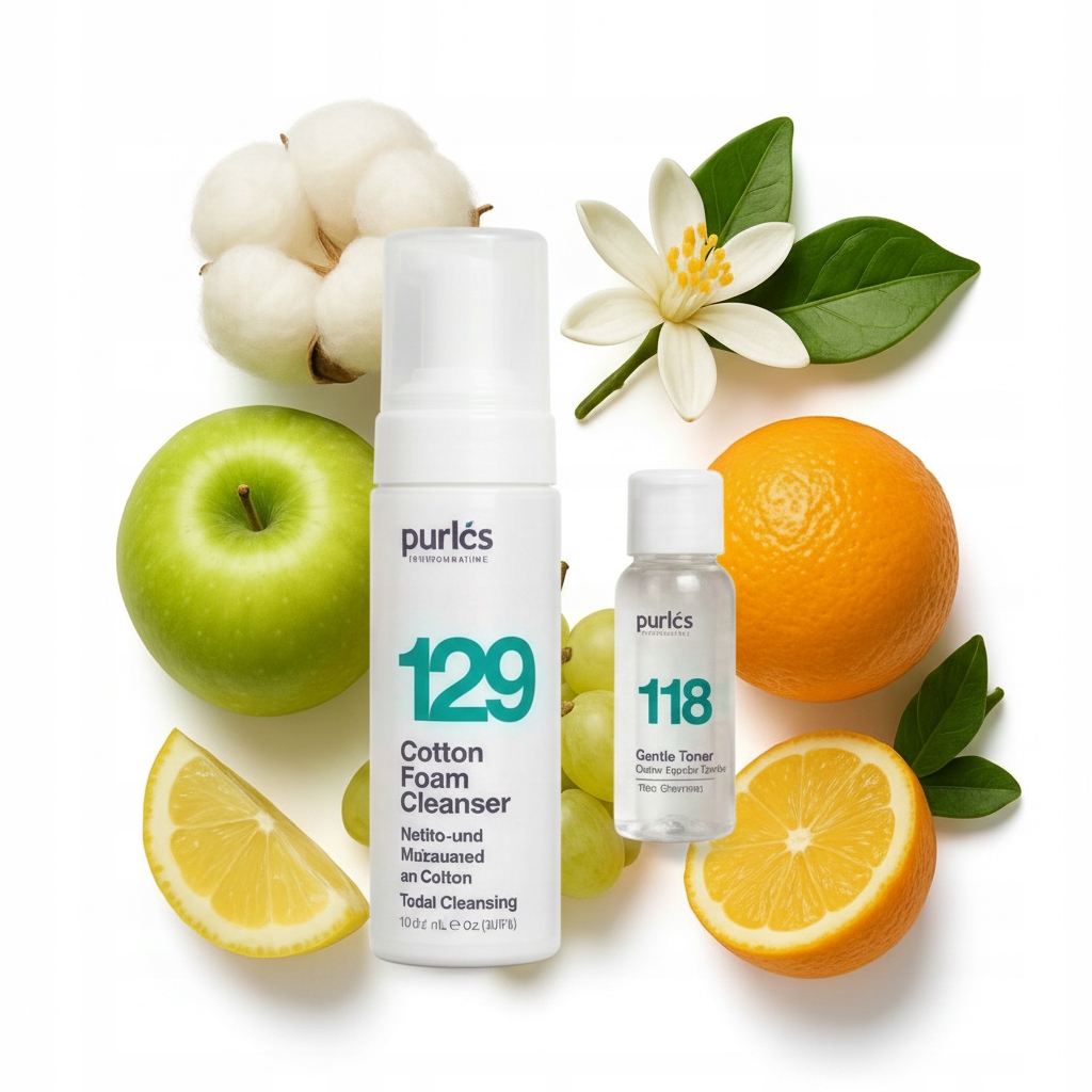 Purles zestaw oczyszczający do twarzy pianka 129 bawełna mini tonik 118
