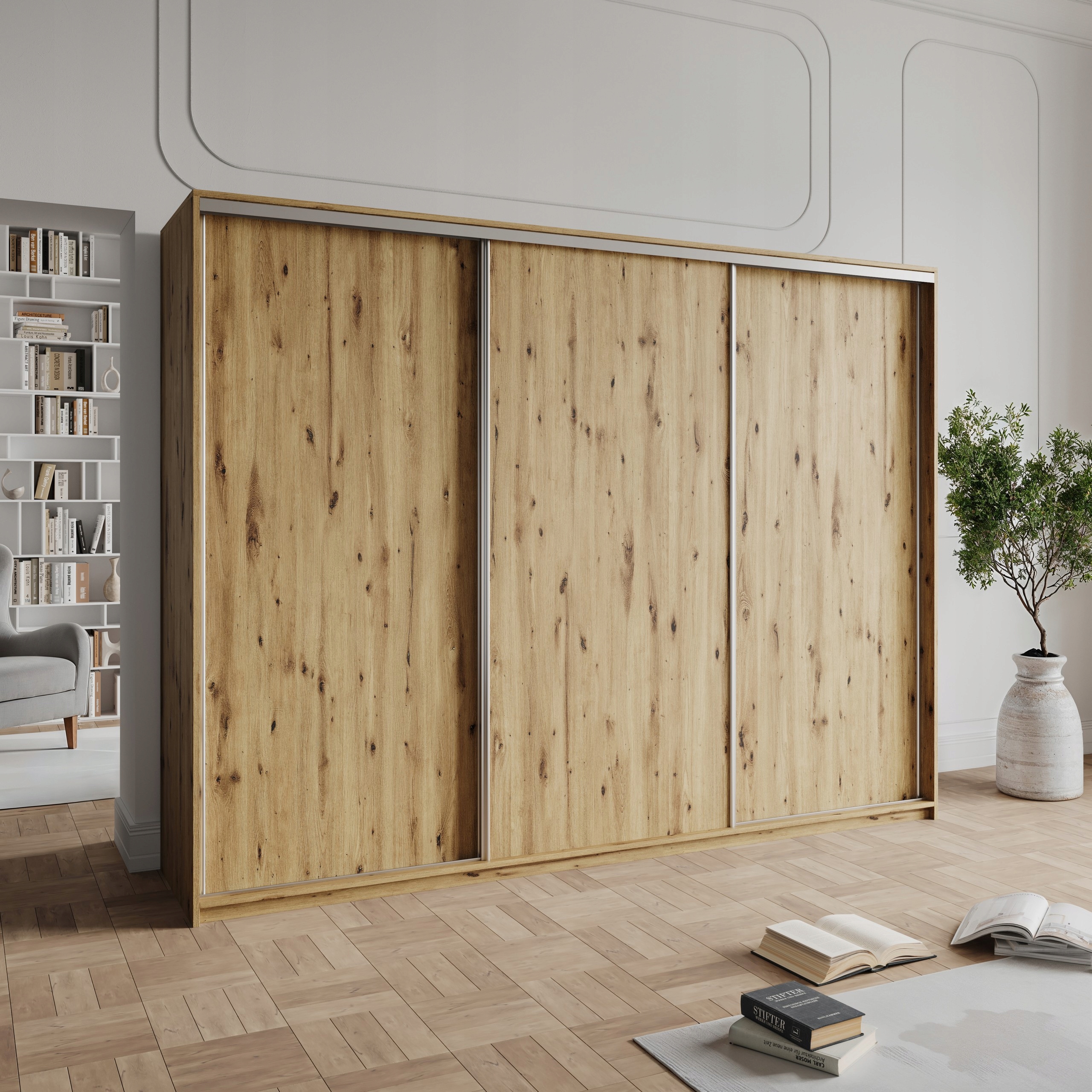 Skříň 250 cm se zásuvkami, třídveřová, dub Artisan satén