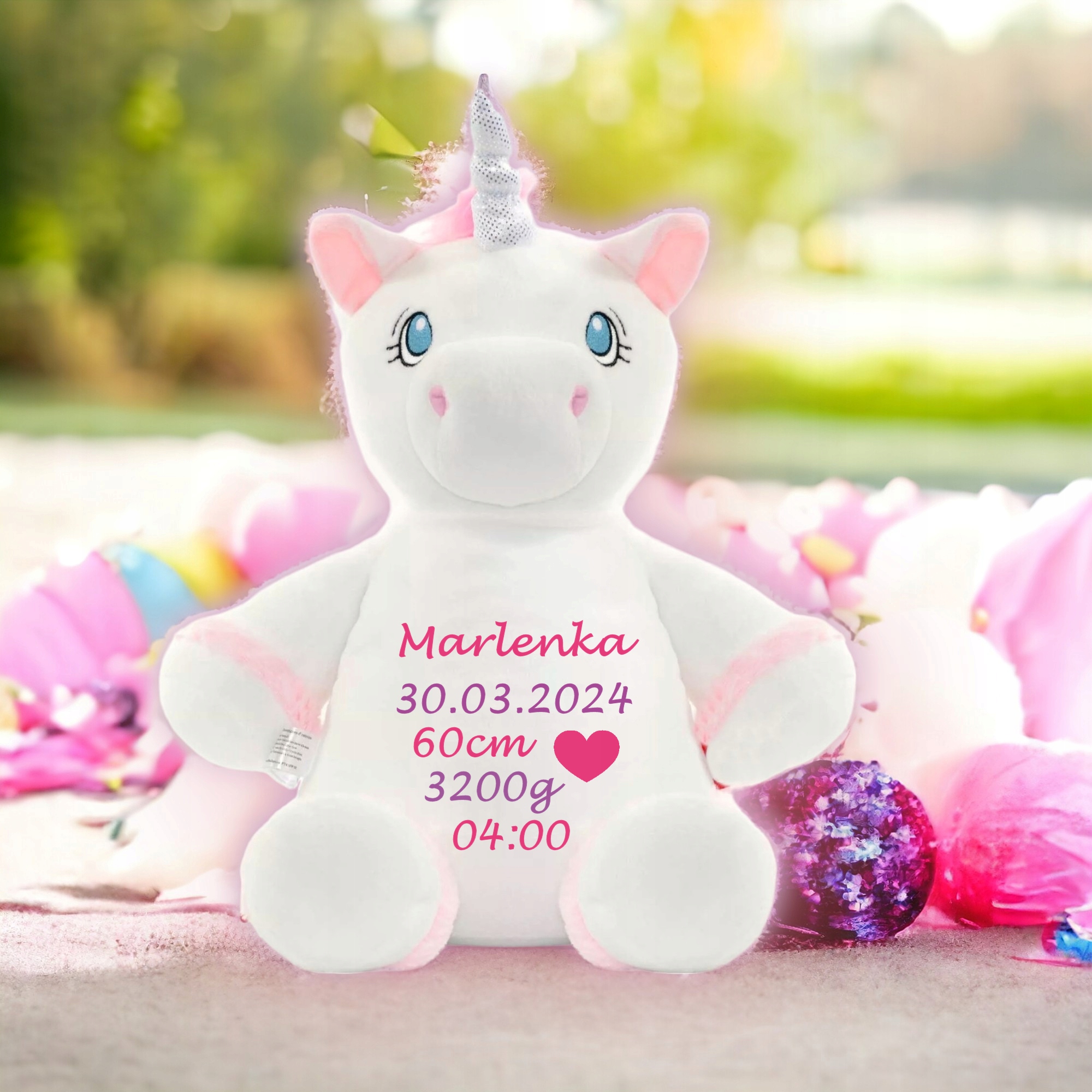 Medvídek jméno personalizovaný dárek Křest narozeniny jednorožec metrika