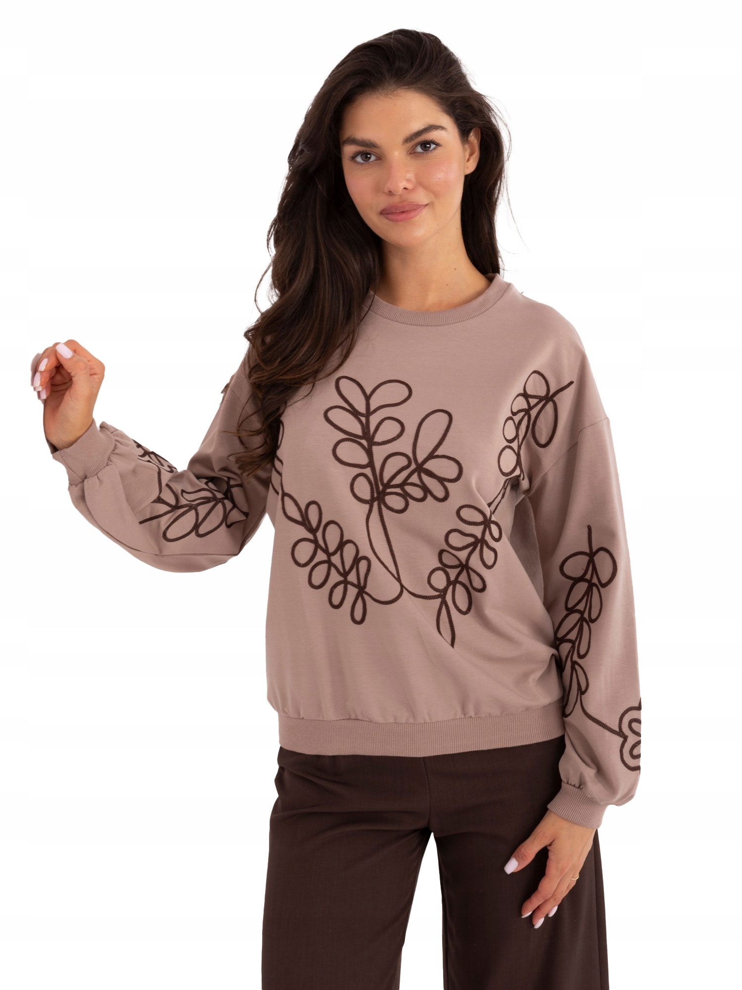 Bluza z Haftem Damska Bawełniana Bez Kaptura Okrągły Dekolt