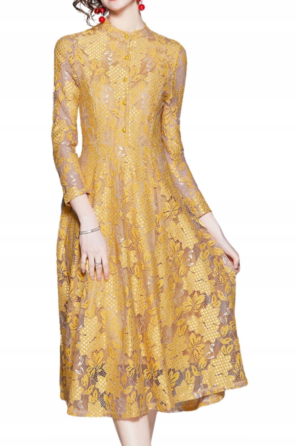 Dámské Šaty Kamilan Robe, žluté krajkové midi šaty s květinami vel. 36