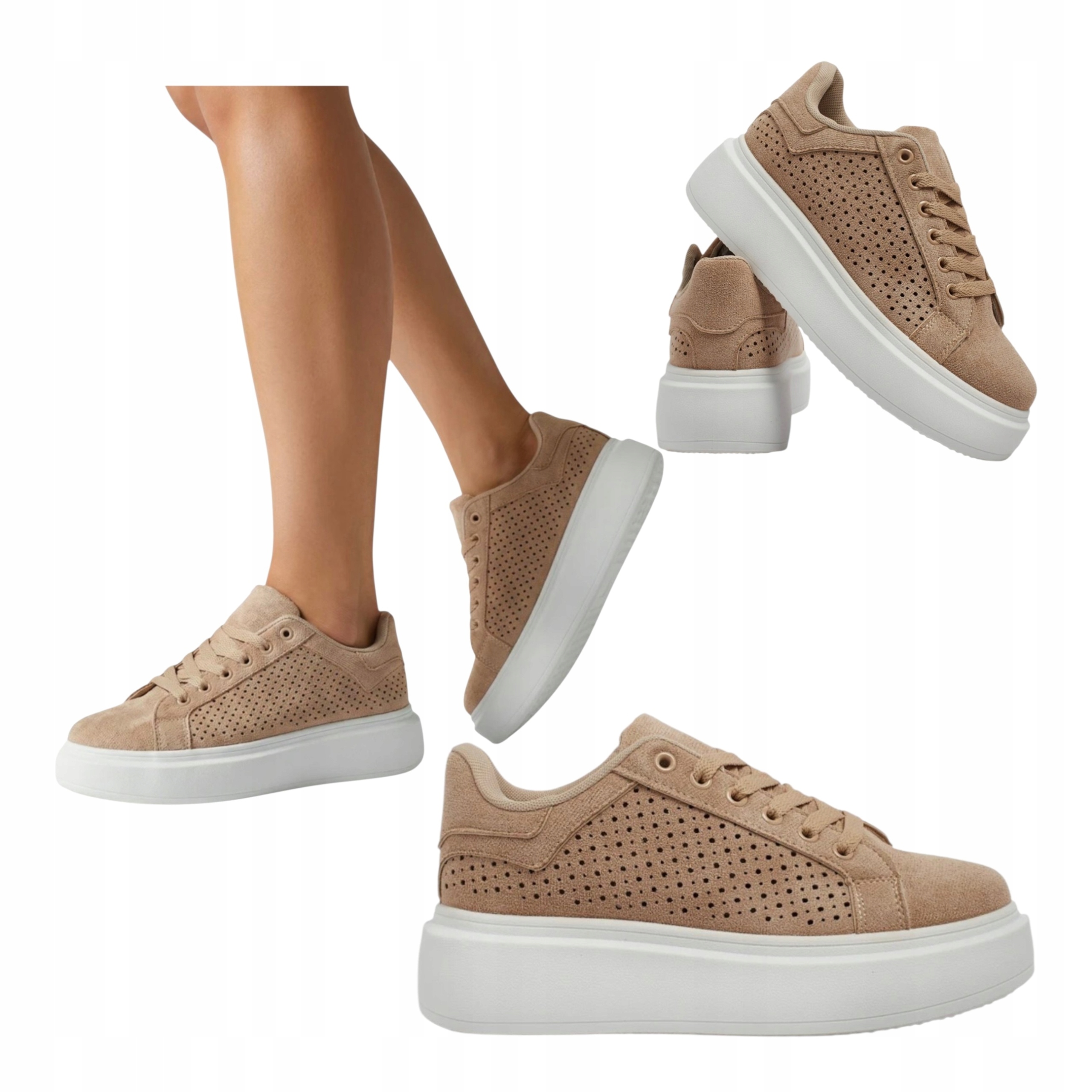 Damskie Sneakersy Skórzane Zamszowe na Platformie Ażurowe Beżowe 37