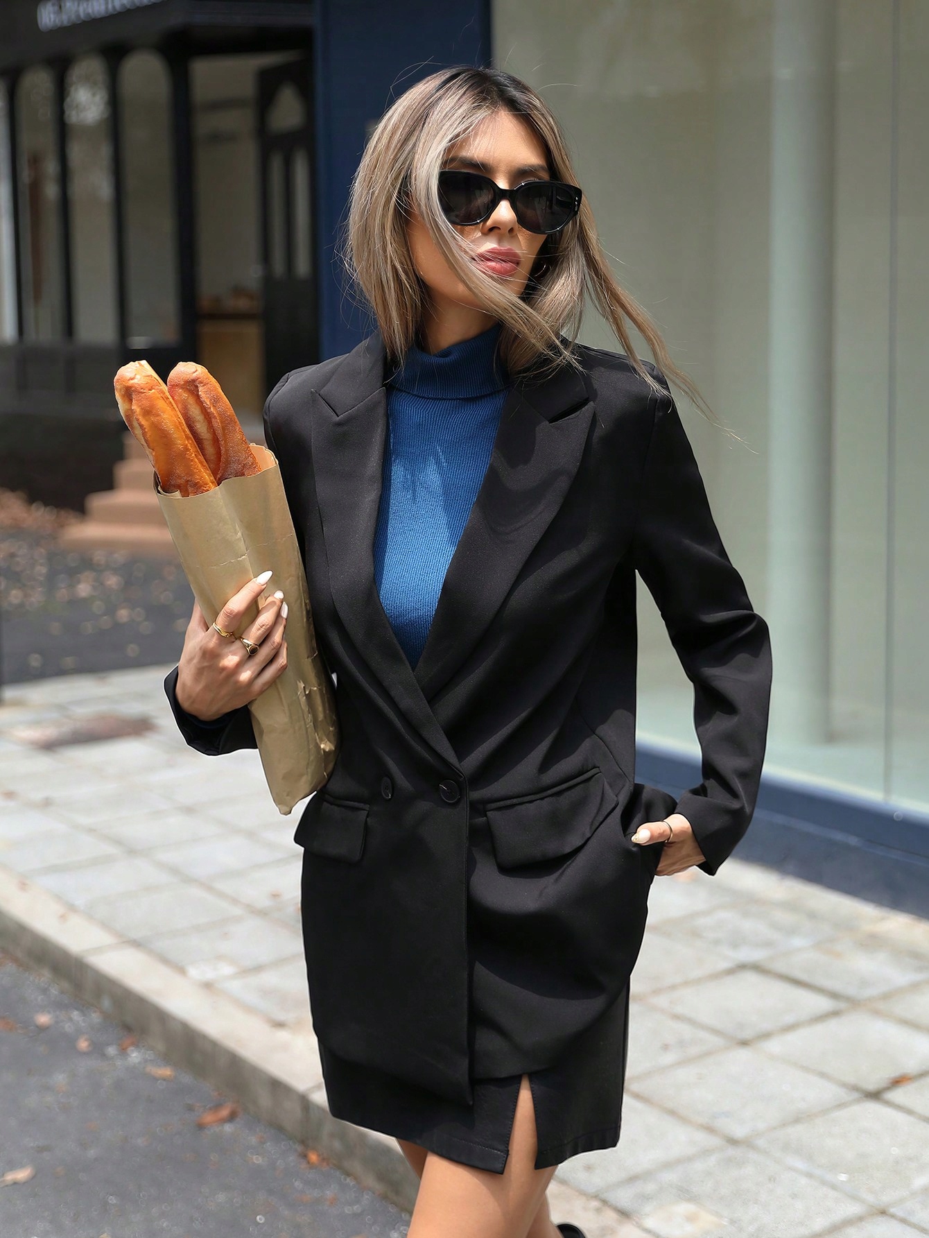 Sako Elegantní Dvouřadá S Klopami Černá Shein M 38