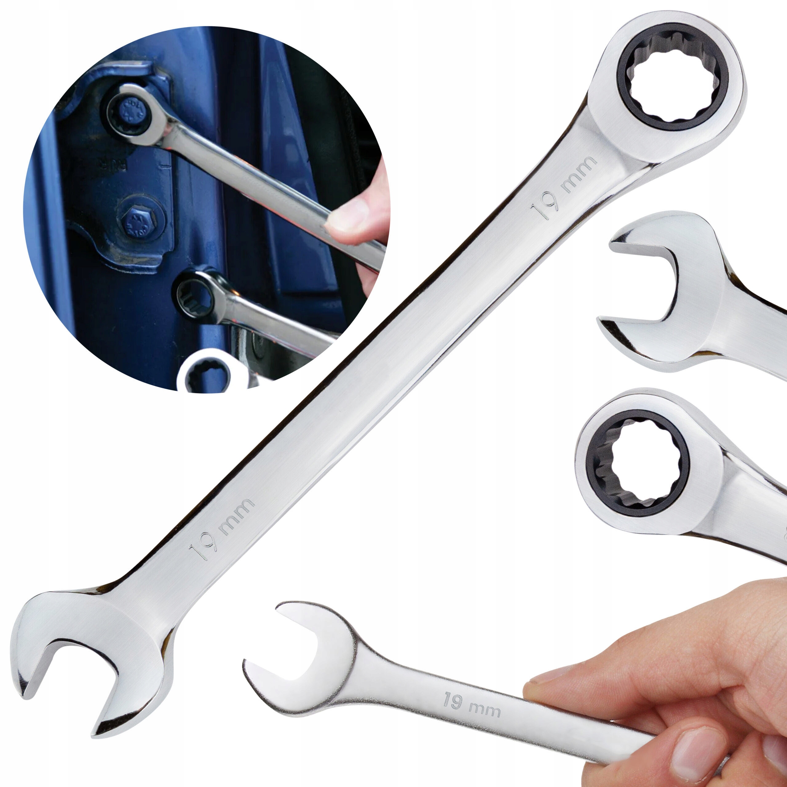 KLUCZE PŁASKO-OCZKOWE Z GRZECHOTKĄ klucz płaski Cr-V stalowy 19 mm chrom Kod producenta KLUCZE PŁASKO-OCZKOWE Z GRZECHOTKĄ Cr-V 19mm