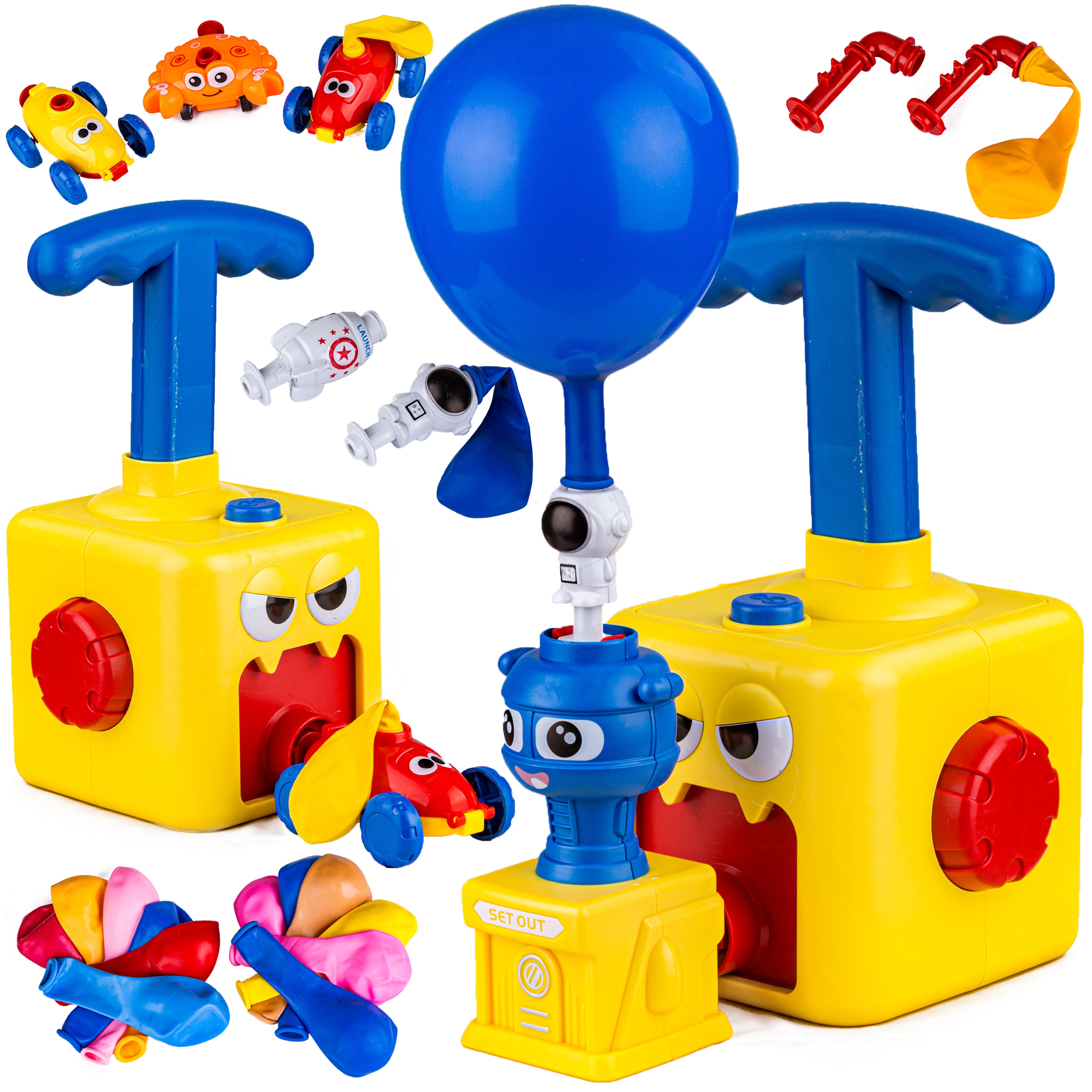 Zestaw BALONY WYRZUTNIA Balonów Żółty Potworek Autka Rakieta Astronauta Baterie Brak
