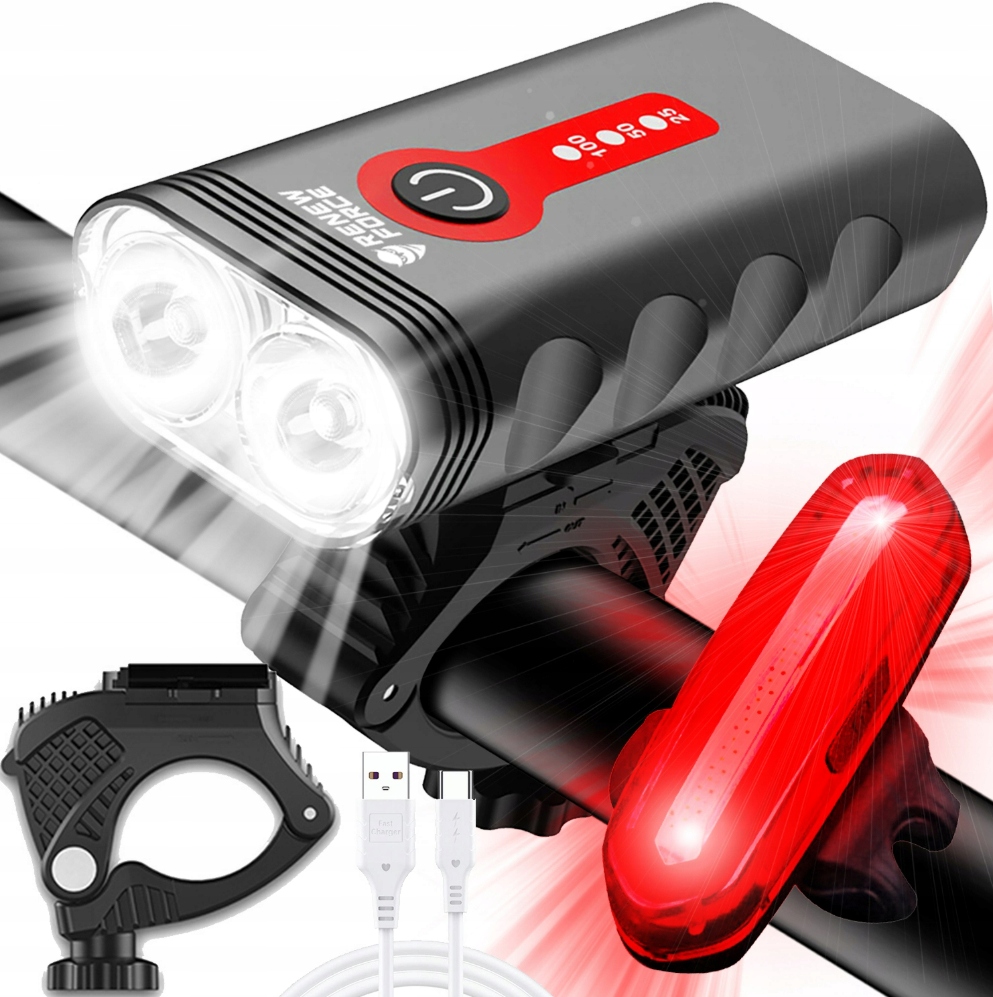 Lampka ROWEROWA Mocna Światło LED PRZÓD +TYŁ latarka 1800LM na rower ZESTAW