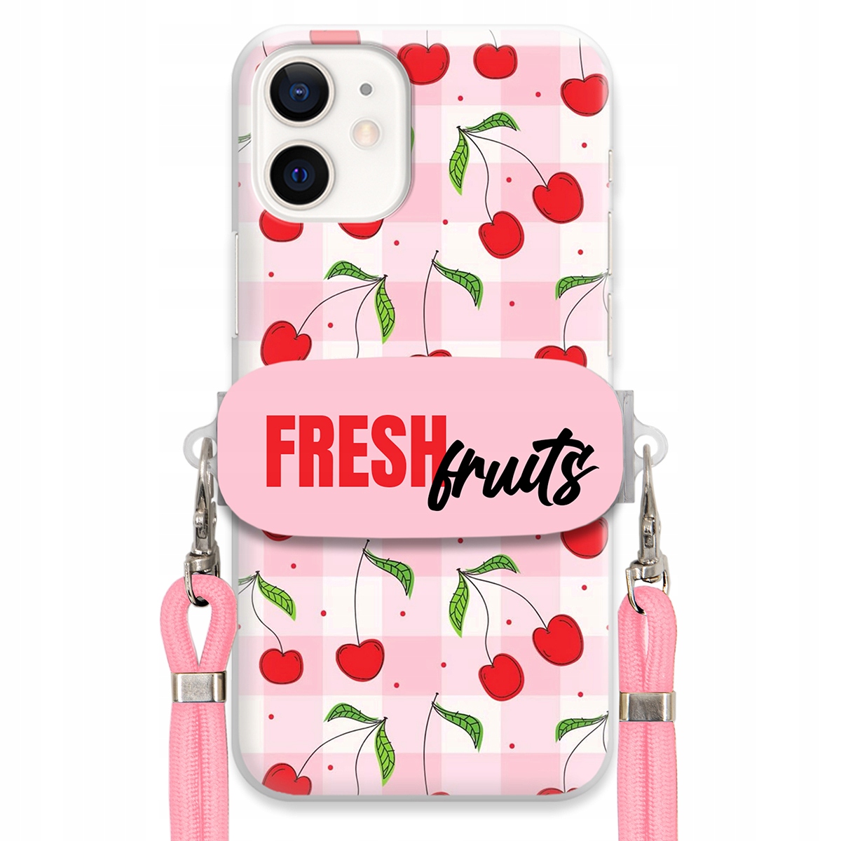 Puzdro pre iPHONE 12 Mini Case držiak na šnúrku Ružový Fresh Fruits Mriežka